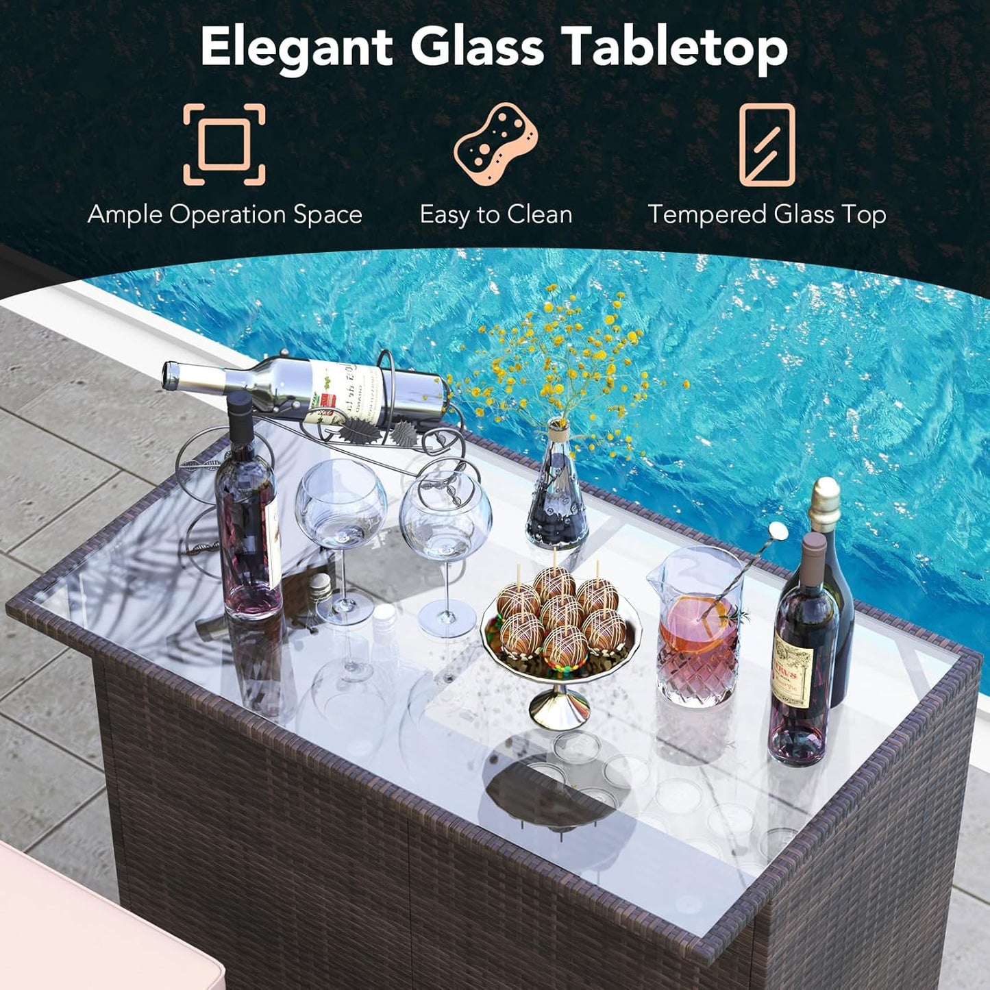 Tangkula 3 Piece Patio Bar Set, Outdoor Rattan Bar Table and 2 Stools with Tempered Glass Tabletop, 2-Tier Storage, Removable Cushions, Outside Wicker Conversation Set