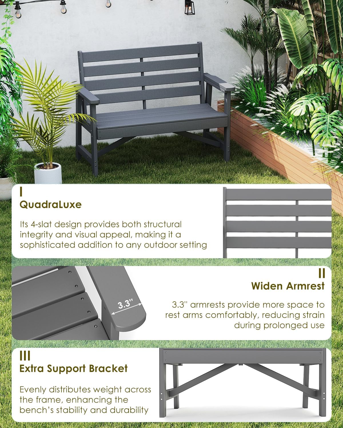 GREENVINES Outdoor Bench | HDPE | Garden Benches | All Weather | for Outdoors Patio Park Porch Outside Backyard | 2-Person | Grey