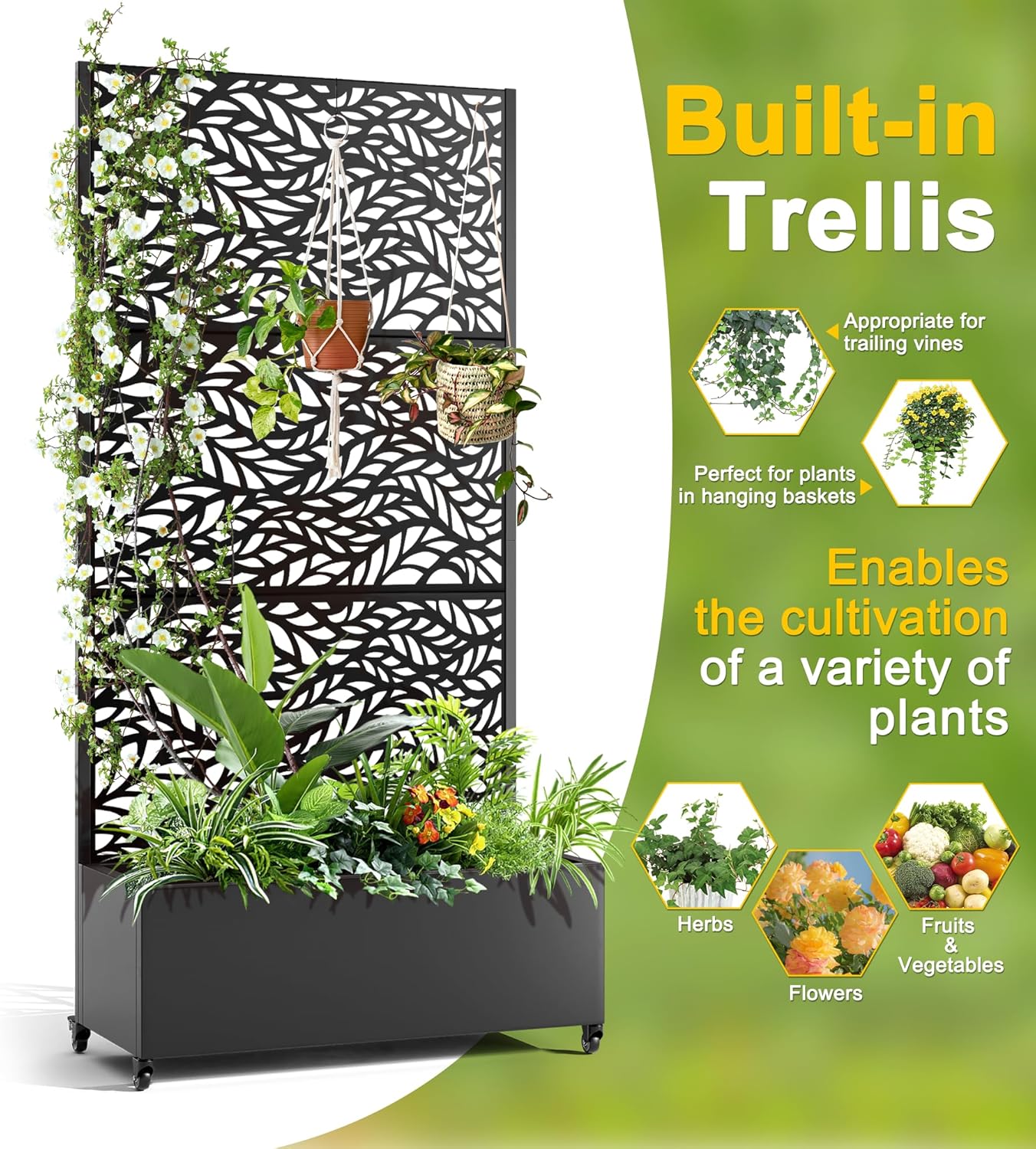 FENCY Metal Raised Garden Bed with Wheels and Trellis,73"x35"x16" Planter Box for Climbing Plants, Vegetables & Vines, Features Privacy Screen and Drainage Holes (Black-Leaf)