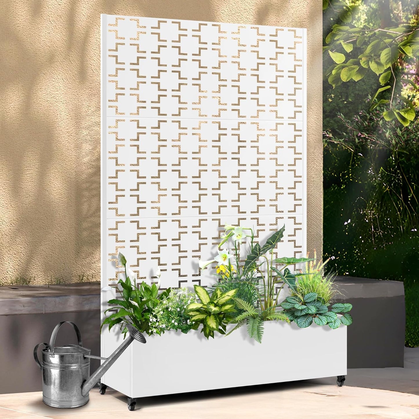 Raised Garden Bed with Trellis and Wheels,73"x47"x16" Metal Raised Garden Bed,White Squared Metal Planter with Climbing Trellis for Vines & Vegetables