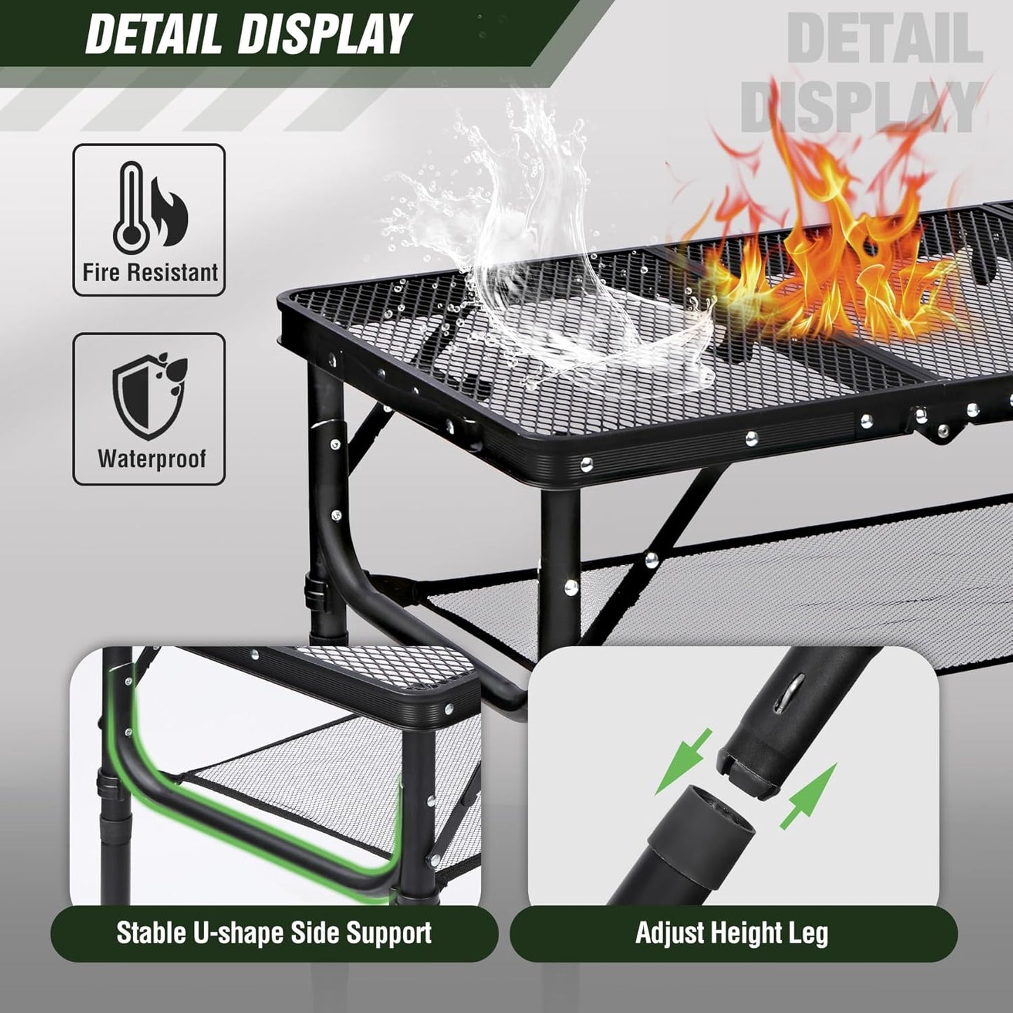 REDCAMP Small Triple fold Folding Grill Table for Outside, 3 Heights Adjustable Lightweight Portable Metal Aluminum Frame Outdoor Table for Camping Picnic Cooking BBQ, Black, 34x16 inches