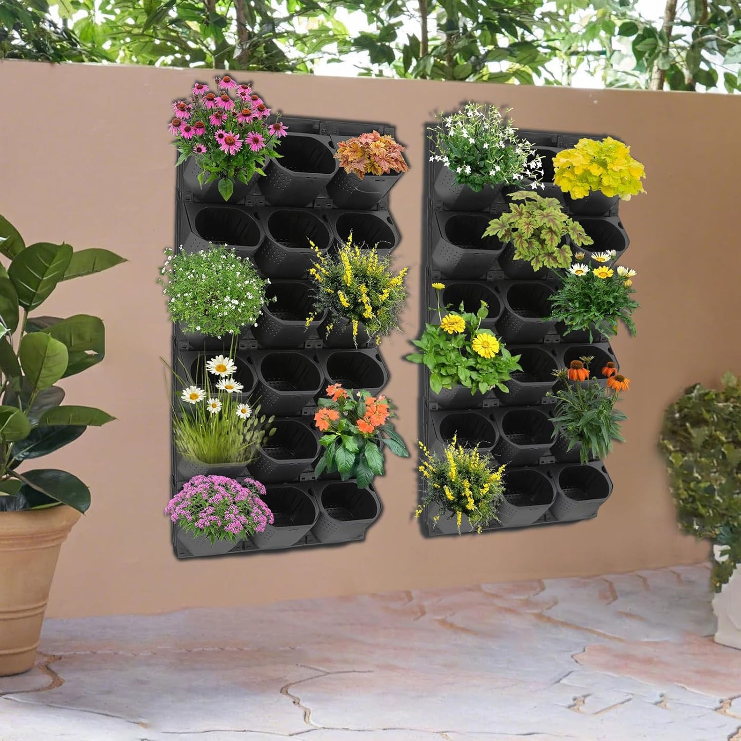 Vertical Wall Planter, Stackable Wall-Mounted Planter Indoor Outdoor w/36 Plastic Pots Living Wall Garden w/36 Non-Woven Fabrics Vegetable Hanging Pocket Holder Flowerpot (Black)