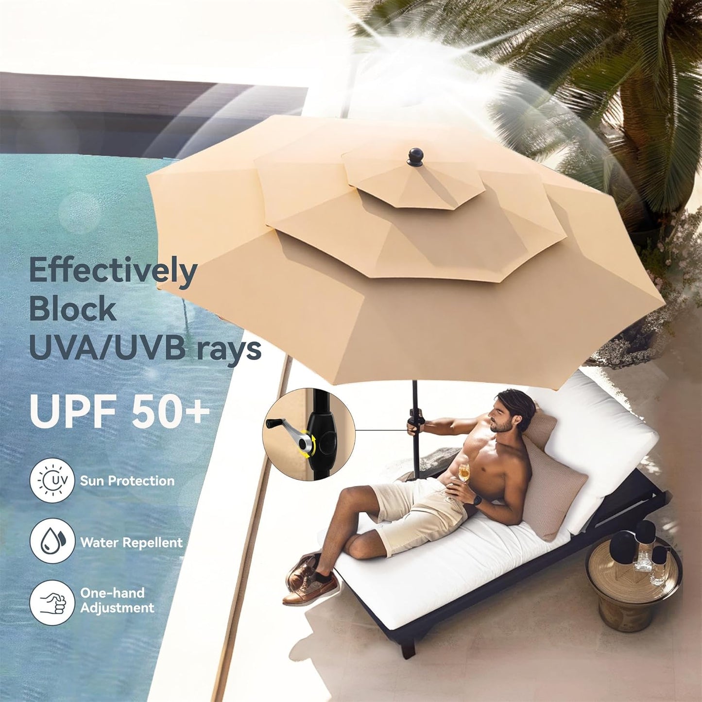 PHI VILLA Patio Table and Chairs Dining Set with Umbrella for 4, Outdoor Dining Set with 4 Swivel Patio Chairs, 1 Square Metal Dining Table and 10ft Beige Large Patio Umbrella (No Umbrella Base)