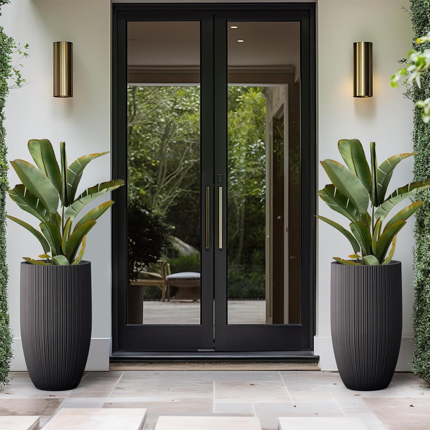 Kante 24 Inch Tall Round Concrete Planter, Large Indoor Outdoor Plant Pots with Drainage Hole and Rubber Plug, Modern Decorative Garden Pots for Home Patio Porch, Textured Black