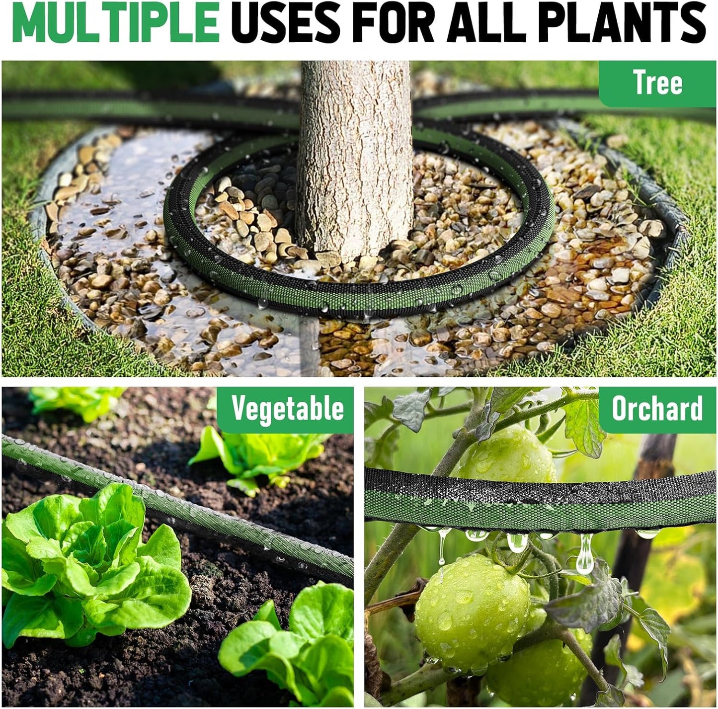 Flat Soaker Hose 100FT for Garden and Lawns, 80% Water-Saving Drip Irrigation Hose with Anodized Aluminum Ends, Flexible Leakproof Double Layer Gardening Hoses(50FT X 2Pack) 