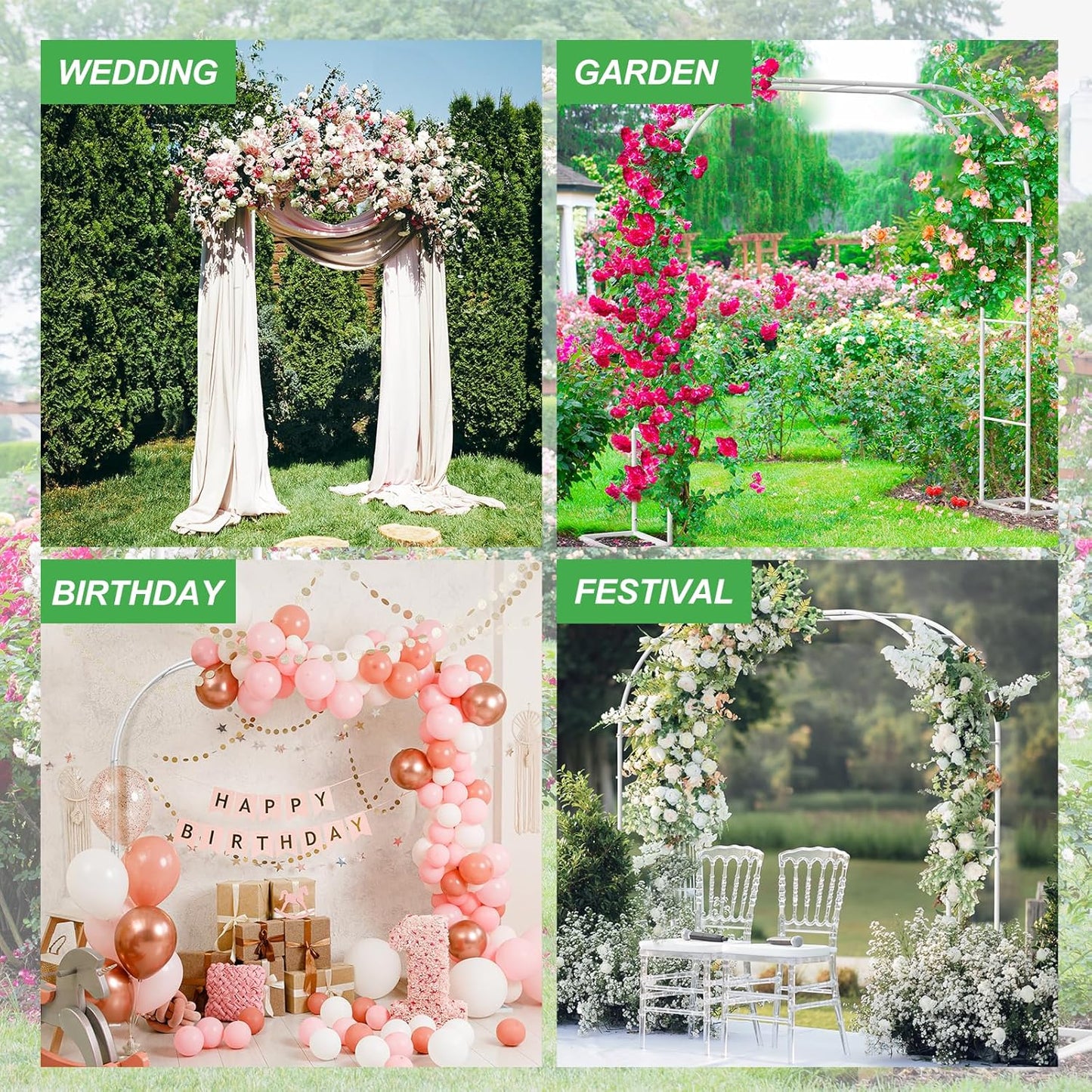 Metal Garden Arch Trellis Arbor, Wedding Arch Stand with Steel Frame,5.3'W * 7.6'H or 7.9'W * 6.3'H Ft,for Garden Arbor Trellis & Climbing Plant, Bridal Party & Ceremony Decorations (White)