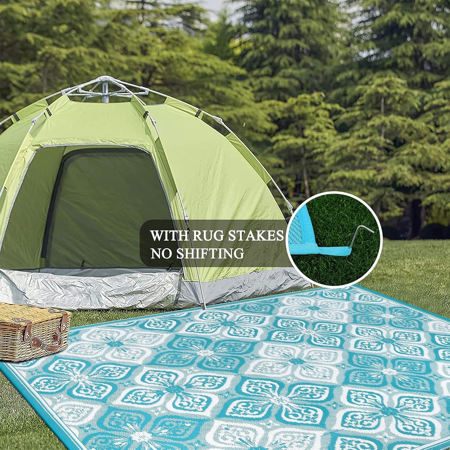 Pauwer Waterproof Outdoor Rug 8x10, Reversible Plastic Straw Patio Camping Rug, Indoor Outdoor RV Mat Carpet for Deck, Camper, Porch, Balcony, Backyard, Picnic, Clover Teal