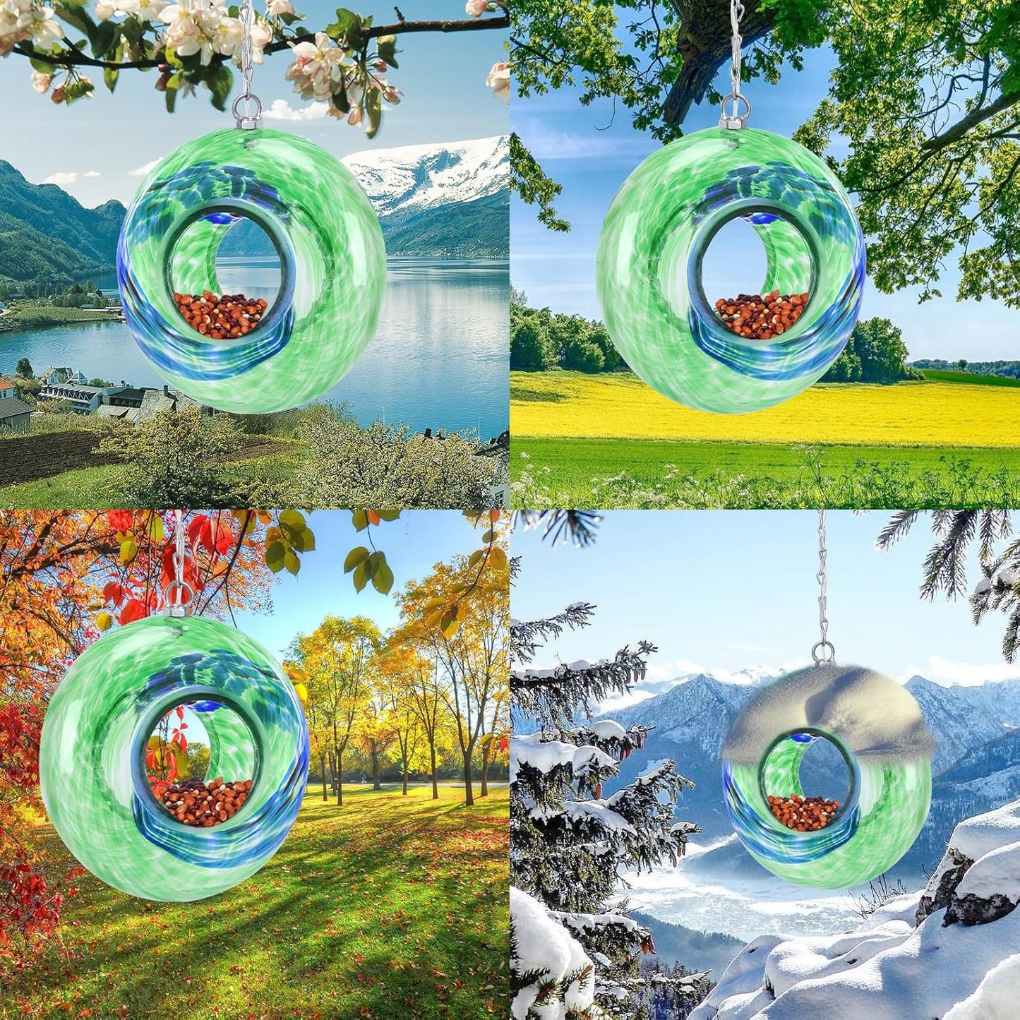 Yinns Glass Bird Feeders, Hanging Fly Through Birds Feeder for Outsiade, Solar Birdfeeder for Garden Decor Bird Lvoers Gifts, 8-Inch(Green)