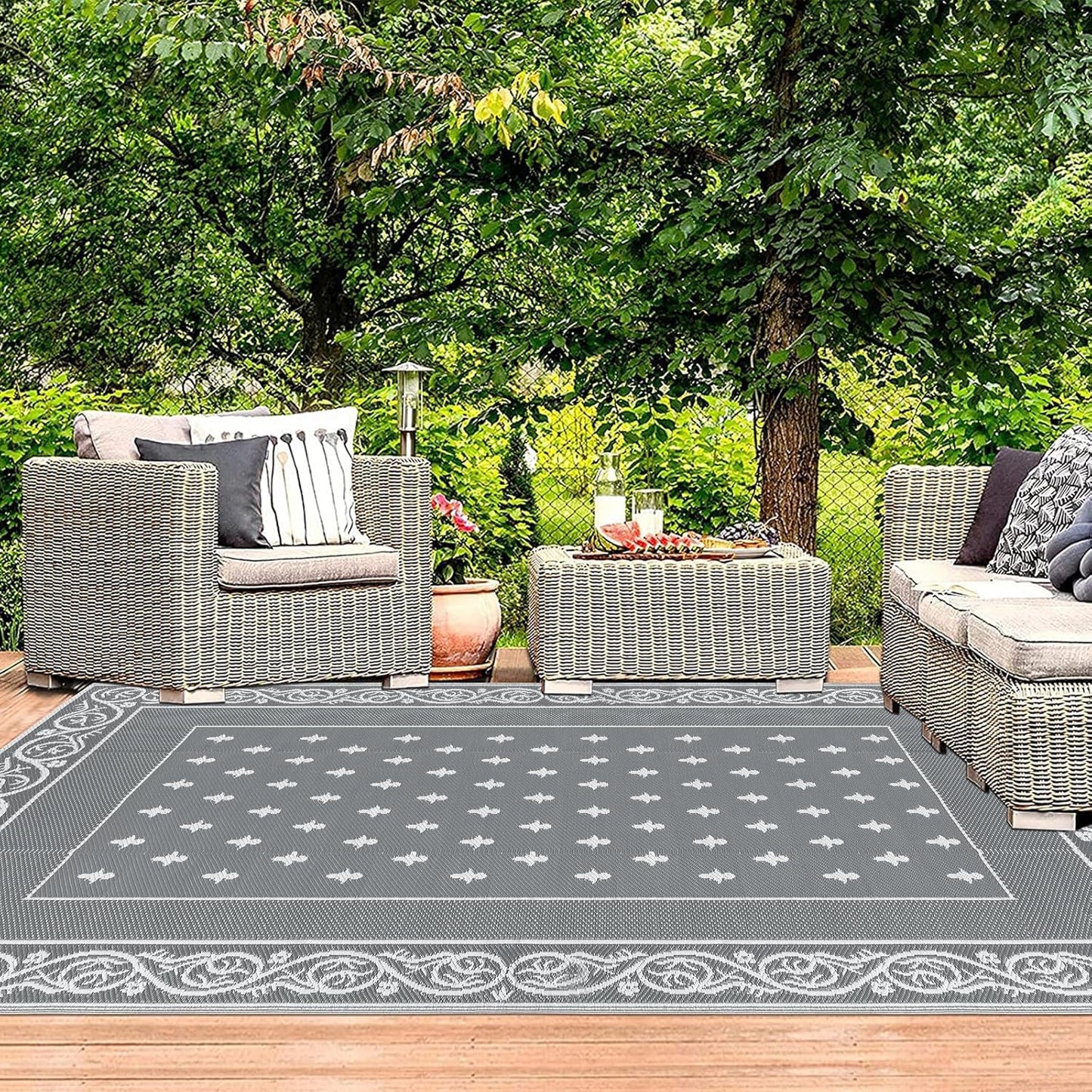 Pauwer Waterproof Outdoor Rug 6x9, Reversible Plastic Straw Patio Camping Rug, Indoor Outdoor RV Mat Carpet for Deck, Camper, Porch, Balcony, Backyard, Picnic, Bordered Grey