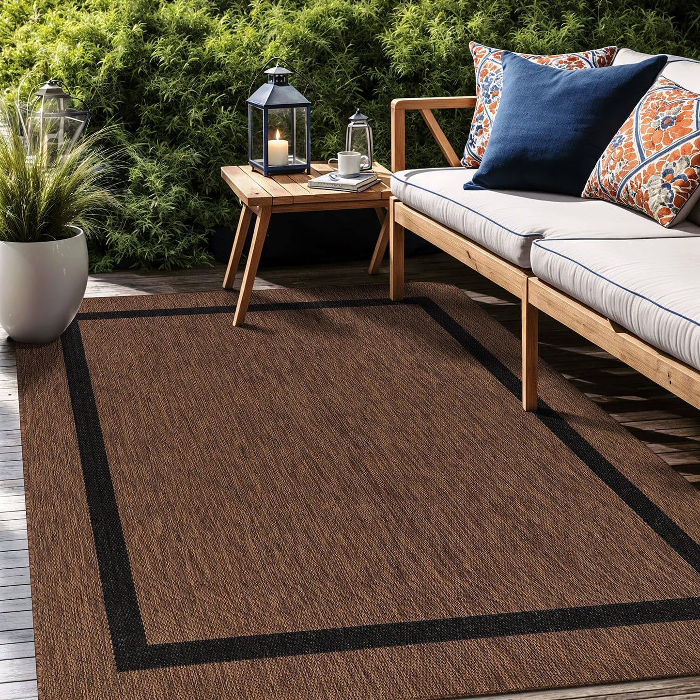 Bordered Outdoor Rug 8x10 Washable Outside Carpet for Indoor Patio Porch Waterproof Easy Cleaning Non Shedding Area Rugs Nut Brown - Black 8 x 10