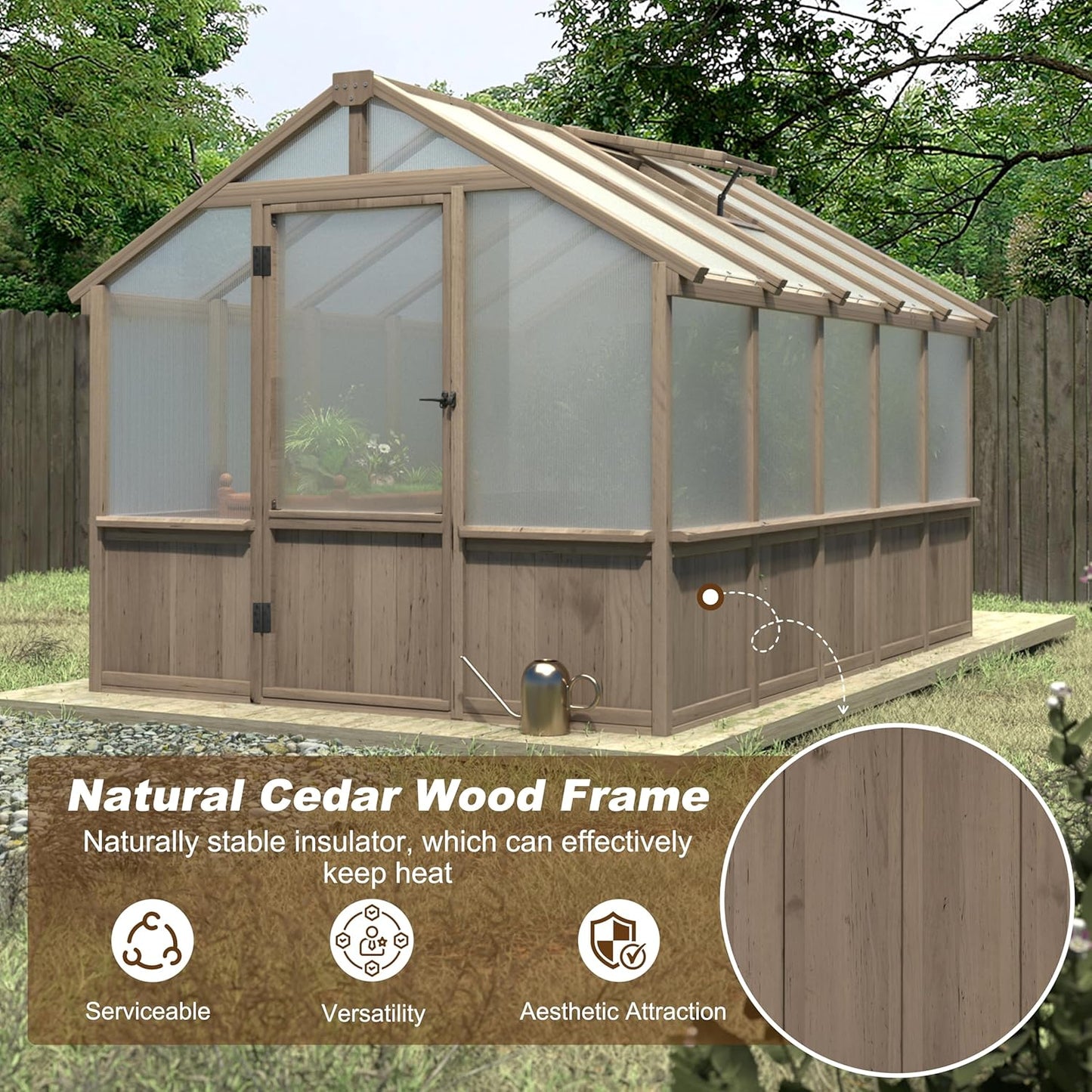 8x10 FT Greenhouse Kit with 6MM Thick Polycarbonate Panel for Outdoor, Wooden Walk-in Green House with Adjustable Roof Vent and Lockable Door, Backyard, Garden, Light Mocha Brown