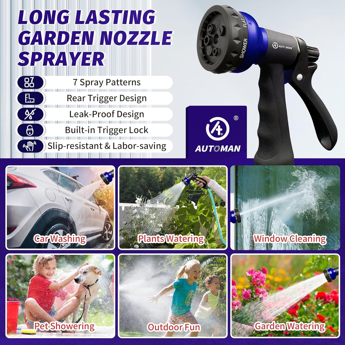 AUTOMAN Garden Hose Nozzle, Water Sprayer Nozzle with 7 Adjustable Watering Patterns,Slip Resistant Nozzle for Plants,Lawn,Washing Cars,Window Cleaning,Showering Pets & Outdoor Fun.
