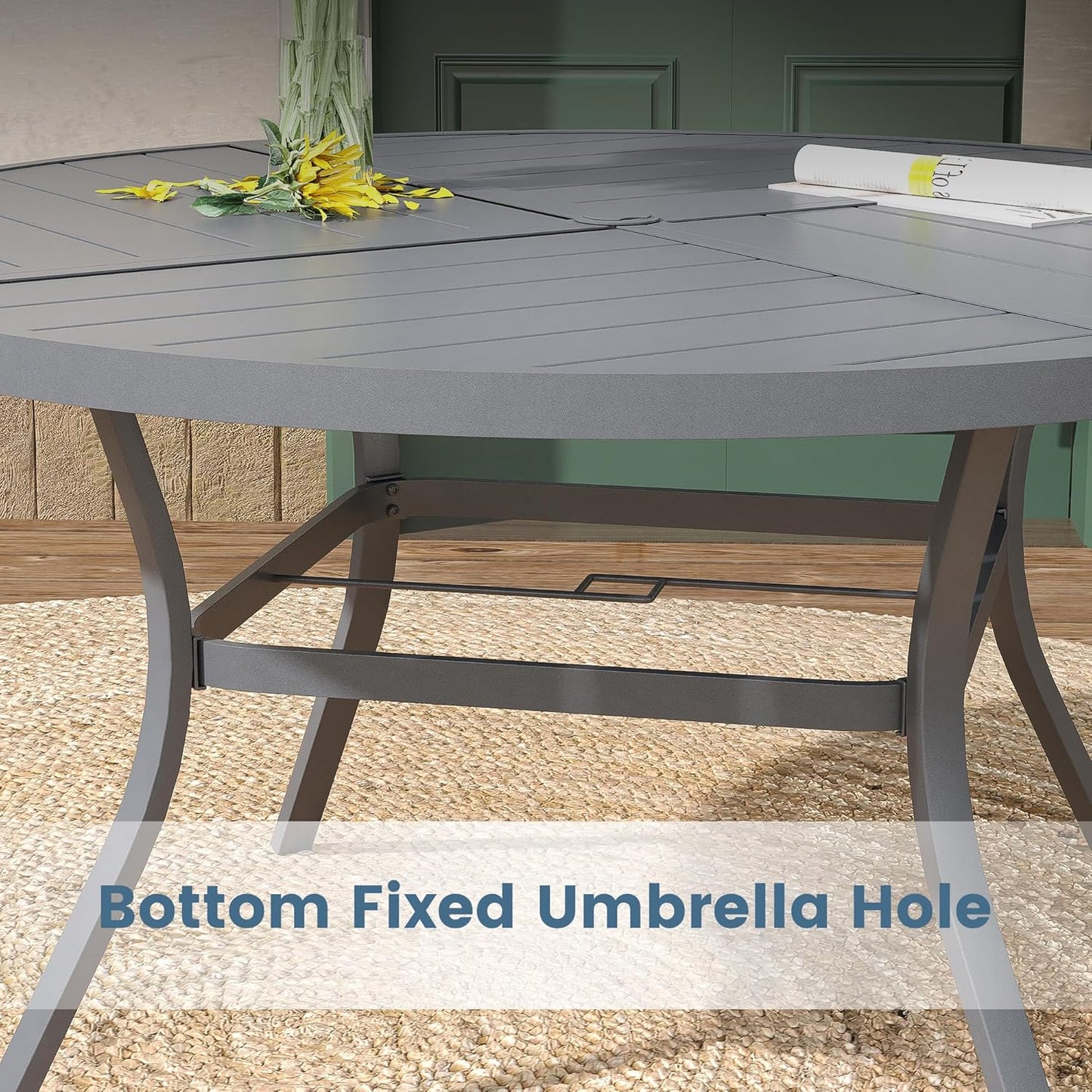 DIFY 53.1" Round Outdoor Patio Dining Table for 6-8, All-Weather Metal Steel Slatted Patio Table with 1.57" Adjustable Umbrella Hole, for Lawn Garden Porch Backyard, Grey