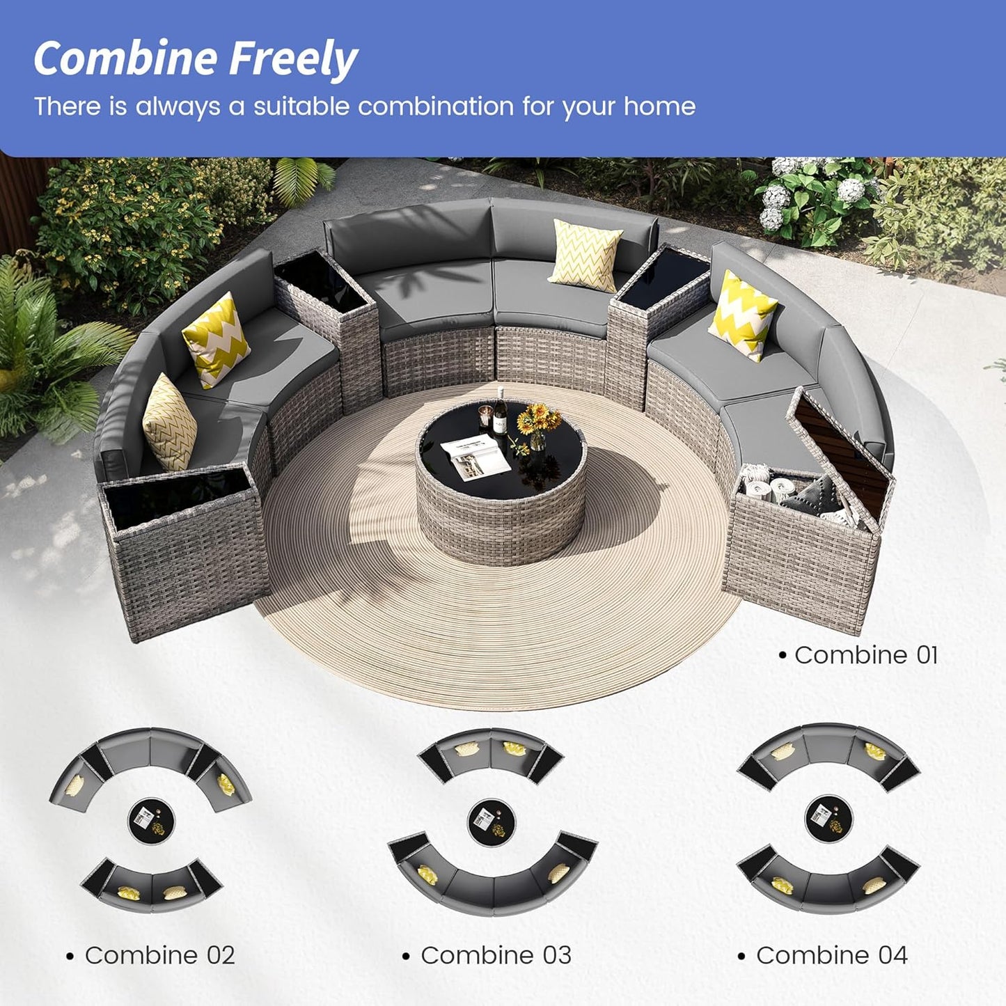 Patio Sectional Furniture Outdoor 11-Piece Grey Rattan Curved Sofa Set with Storage Table,Pillows,Fit for Pool Backyard Balcony Porch Lawn (Grey)