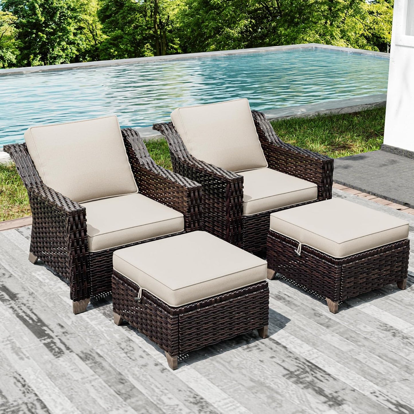 Joyside Wicker Patio Furniture Sets, 4 Pieces Upgraded Large Size Outdoor Furniture with Patio Dining Chairs and Outdoor Ottoman, Thick Cushions, Wide Armrest