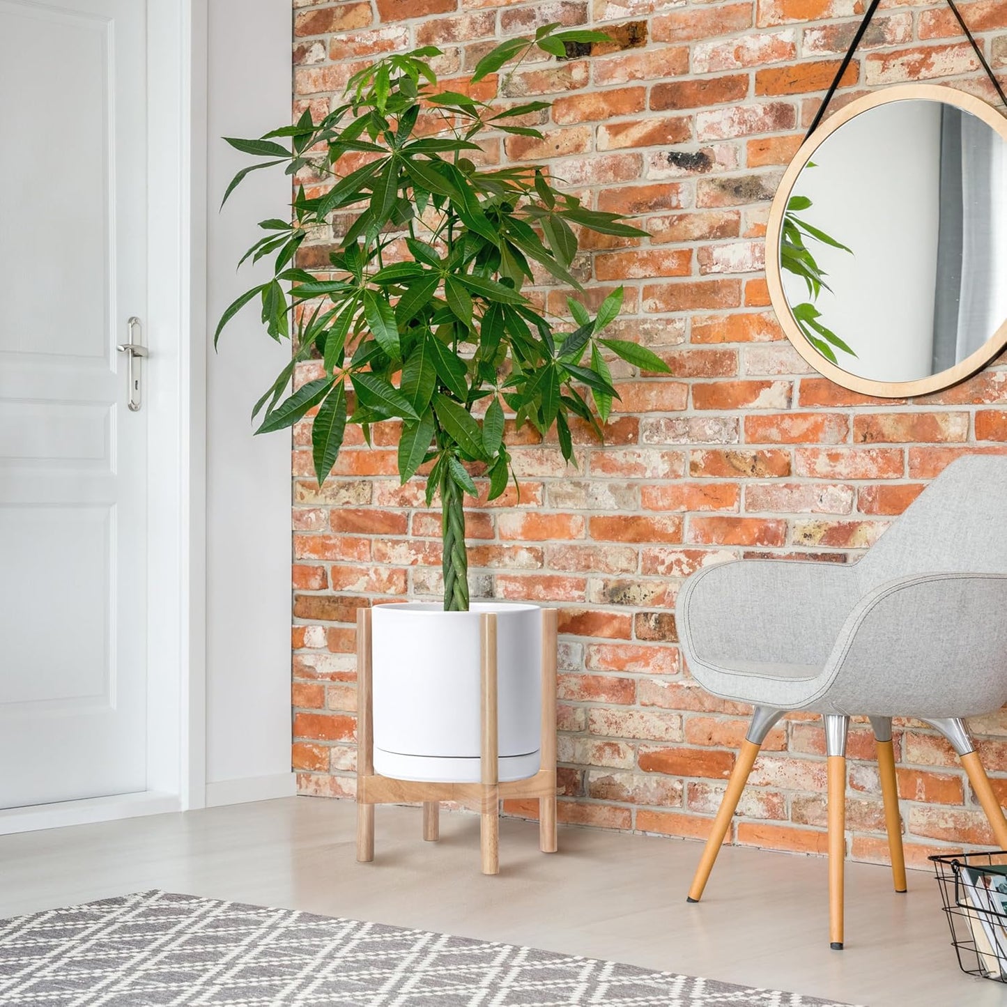 D'vine Dev Ceramic Planter with Natural Stand - 12 Inch Modern Round Flower Pot with Wood Planter Holder, White, 55-B-J-1