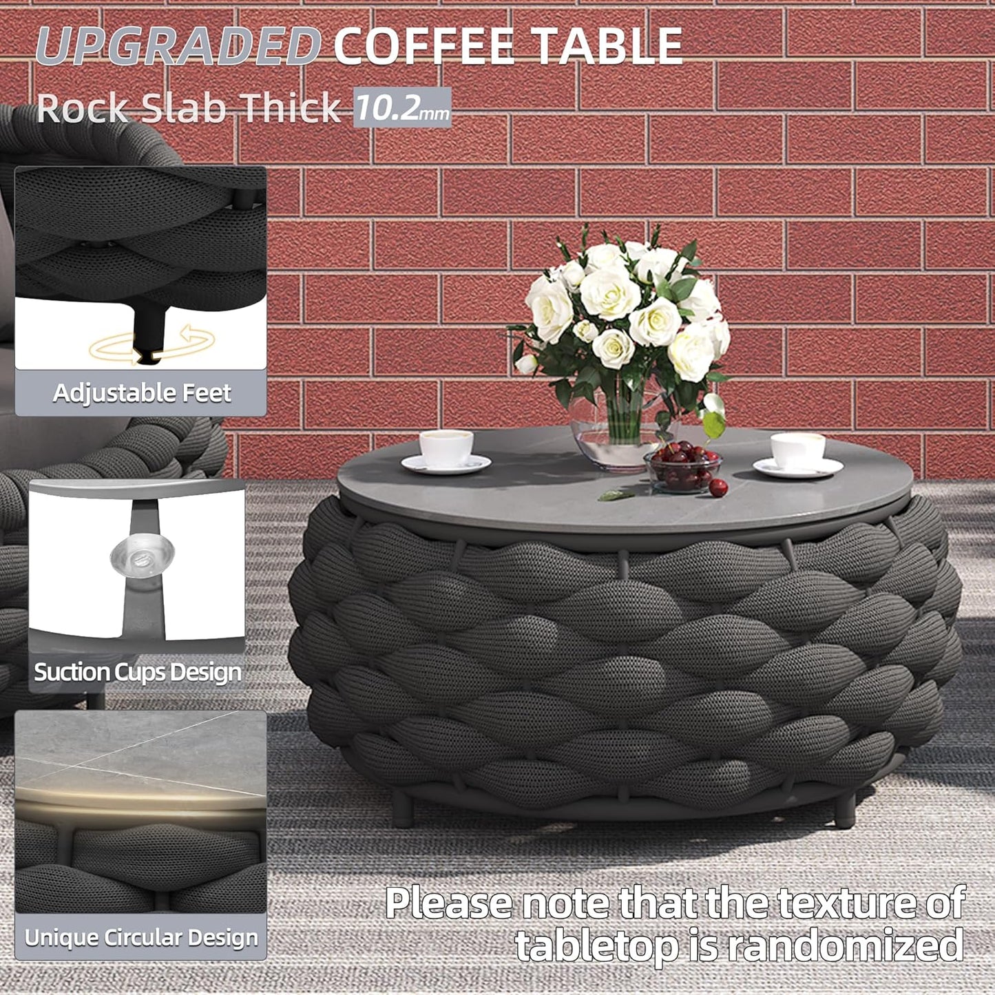 TWT Aluminum Patio Furniture Set Three Seater Sofa Outdoor Furniture Set w/Coffee Table,Patio Conversation Set with Hand Woven Polyester Rope for Bedroom Backyard Poolside, Dark Grey