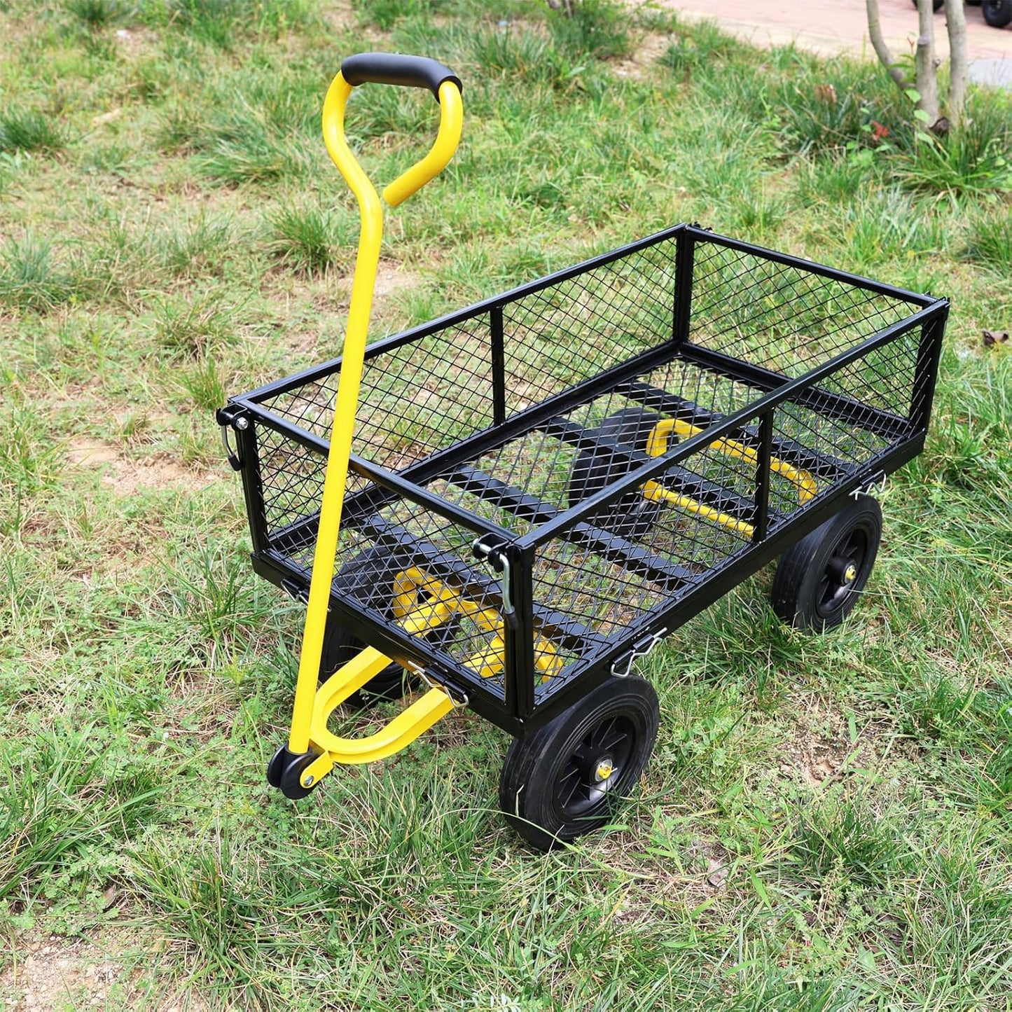 Wagon with Removable Sides - Farm, Warehouse & Garden Dump Cart - Solid Yellow+Black Wheels