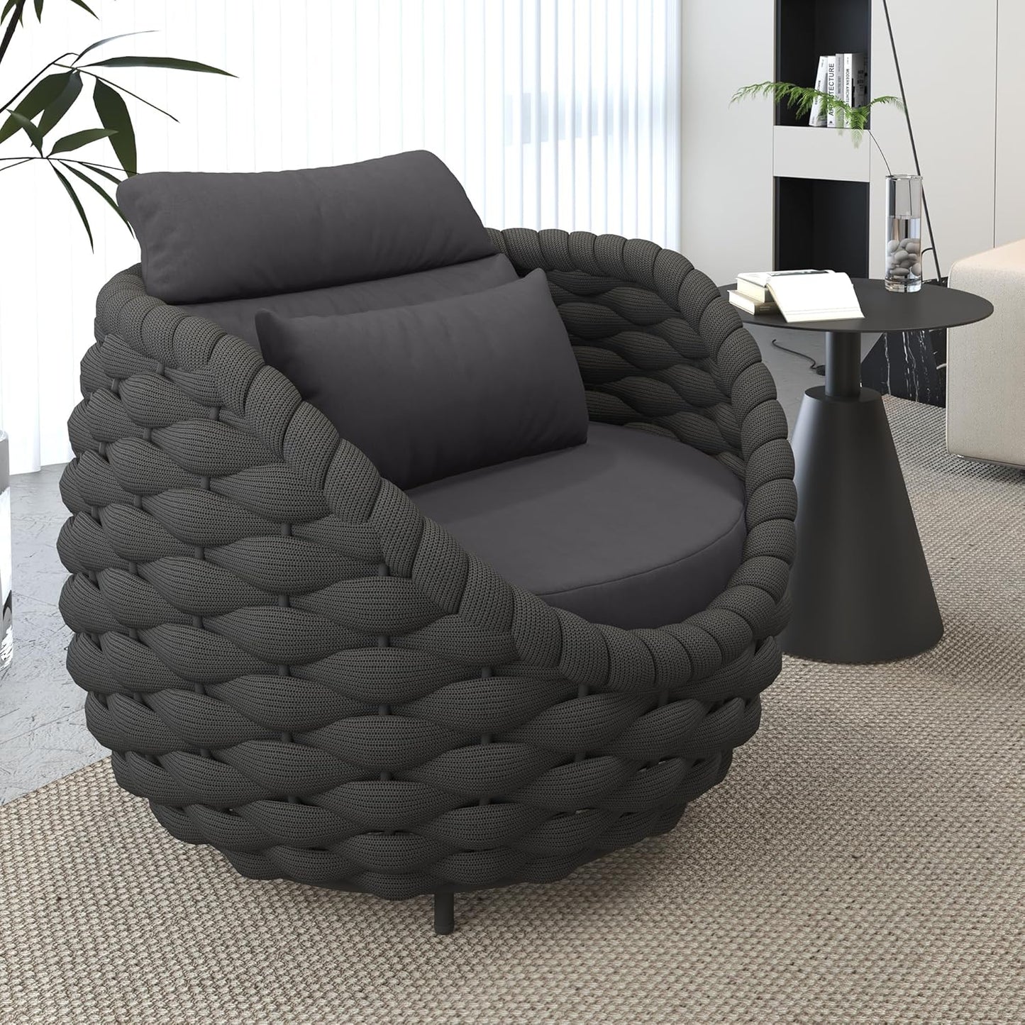 TWT Outdoor All-Weather Polyester Rope Balcony Couch with Cushions & Pillows, Perfect for Patio, Balcony, Backyard, Deck, Poolside, Dark Grey