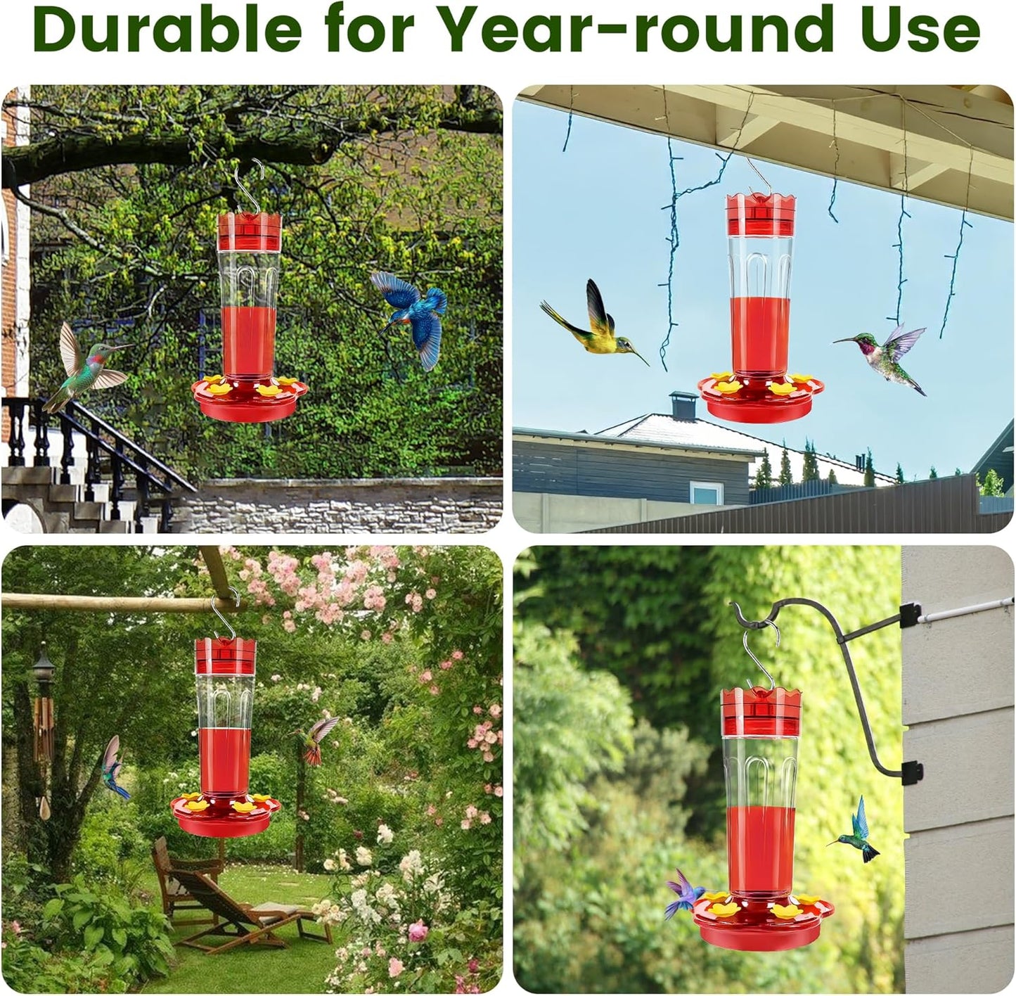 Glass Hummingbird Feeders for Outdoors Hanging Ant and Bee Proof, 1 Pack 15 Ounces Red Hummingbird Feeder with 5 Feeding Ports and Perches, Built-in Ant Moat, Outside Garden Décor (Glass, 1)