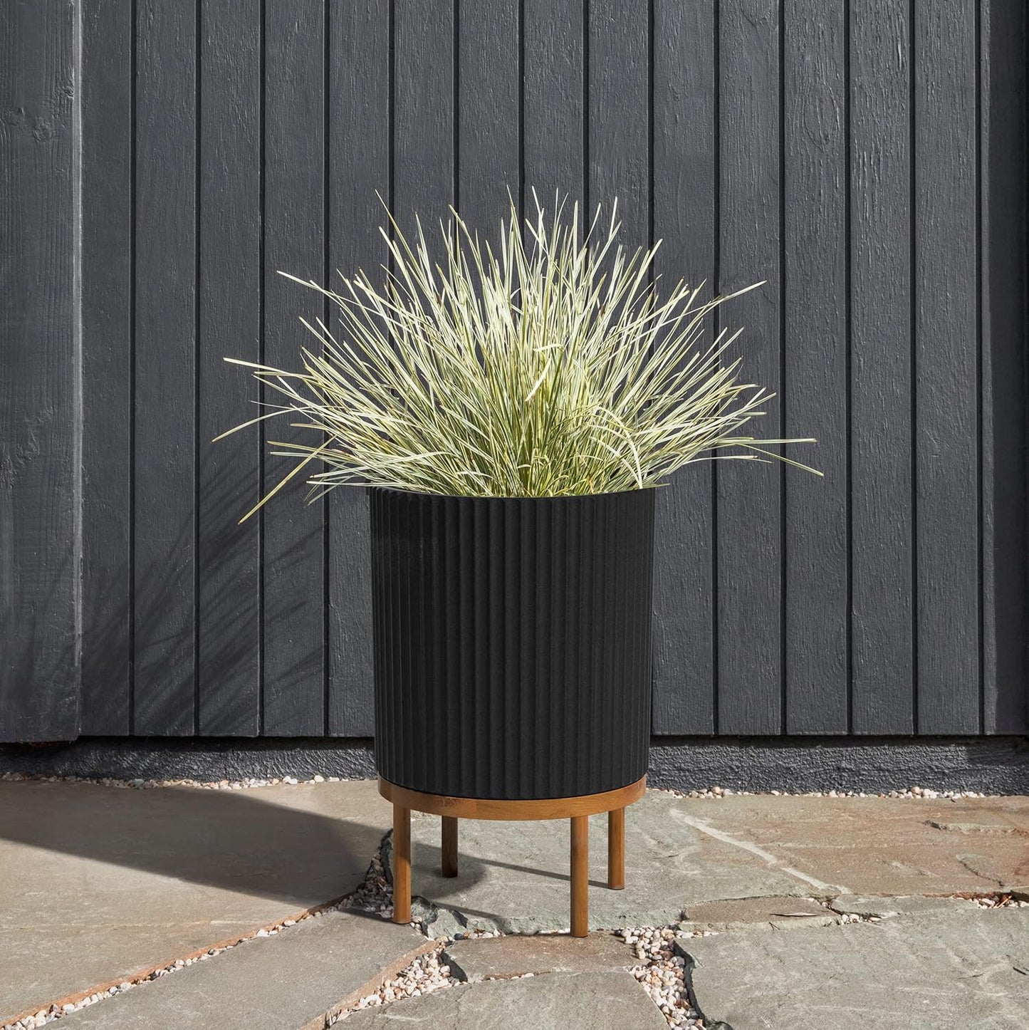 Veradek Demi Series Round Planter w/Stand for Porch/Patio | Durable Plastic-Stone Composite & Wooden Stand | Modern Décor for Tall Plants, Flowers