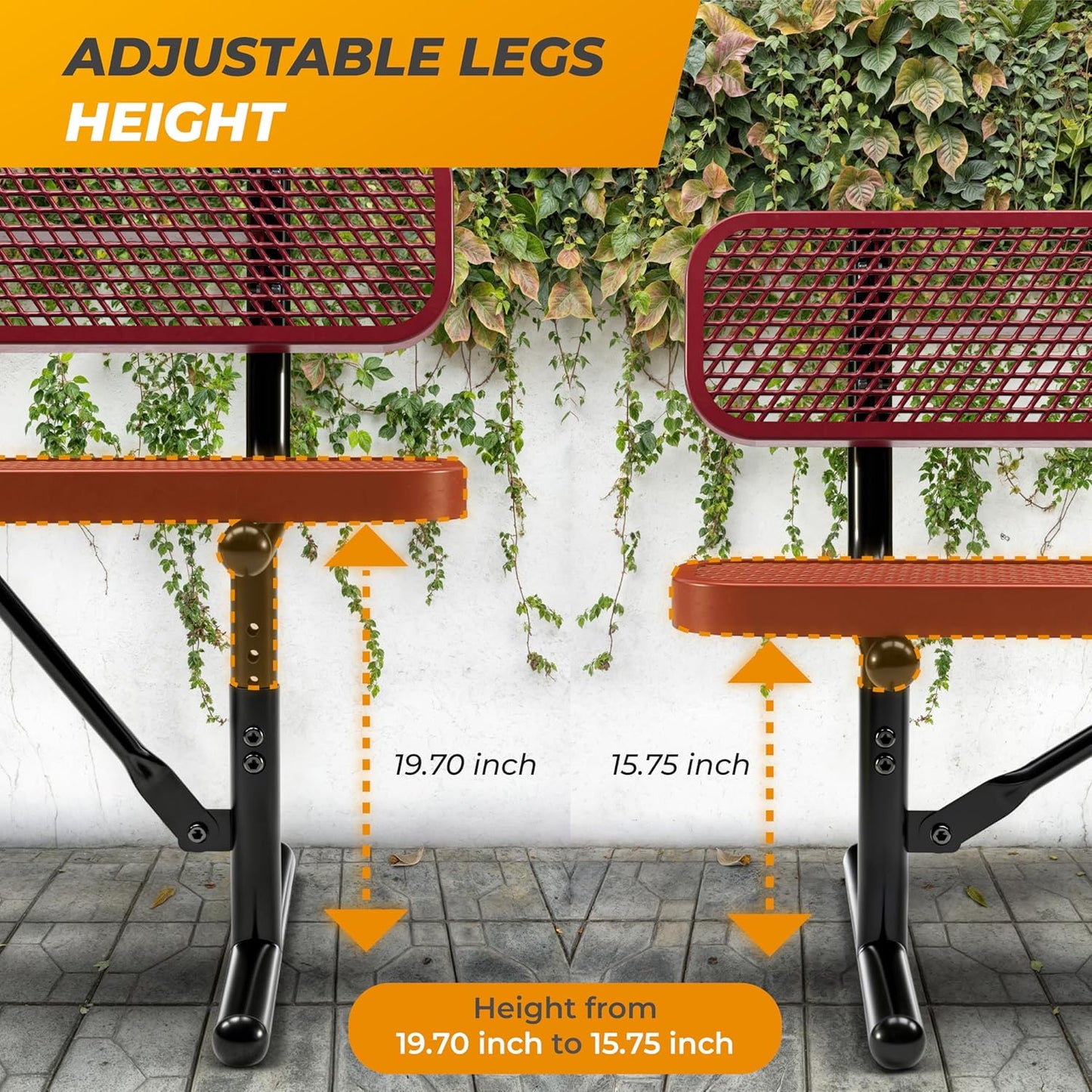 Heavy-Duty Outdoor Metal Bench, Thermoplastic-Coated, Portable, Weatherproof, Commercial-Grade for Parks, Gardens, Patios, Stores & More (6 Ft - Portable with Back, Red)