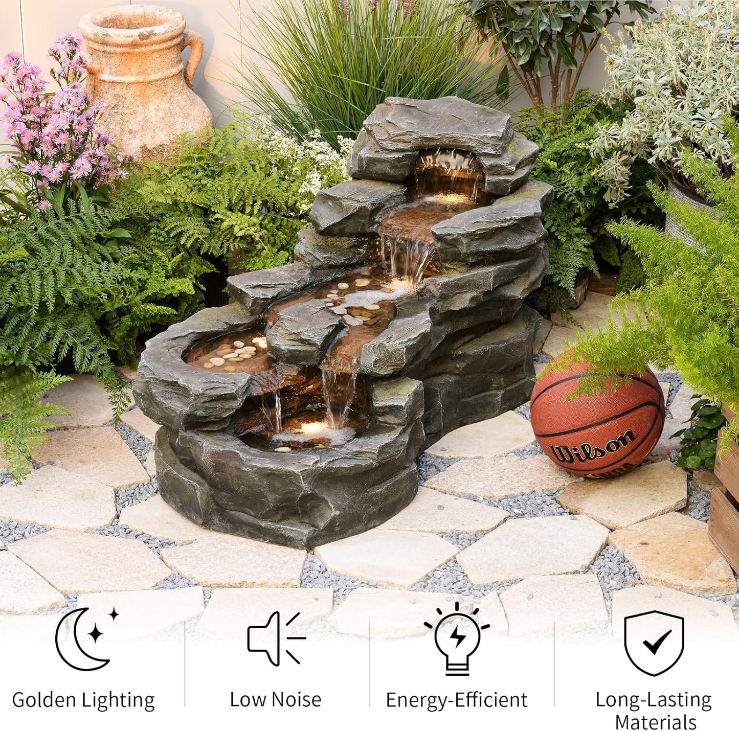37" L Garden Outdoor Water Fountain, Floor Standing 5-Tiers Rock Natural Waterfall Outdoor Fountains with LED Lights for Patio, Porch, Home Art Decor