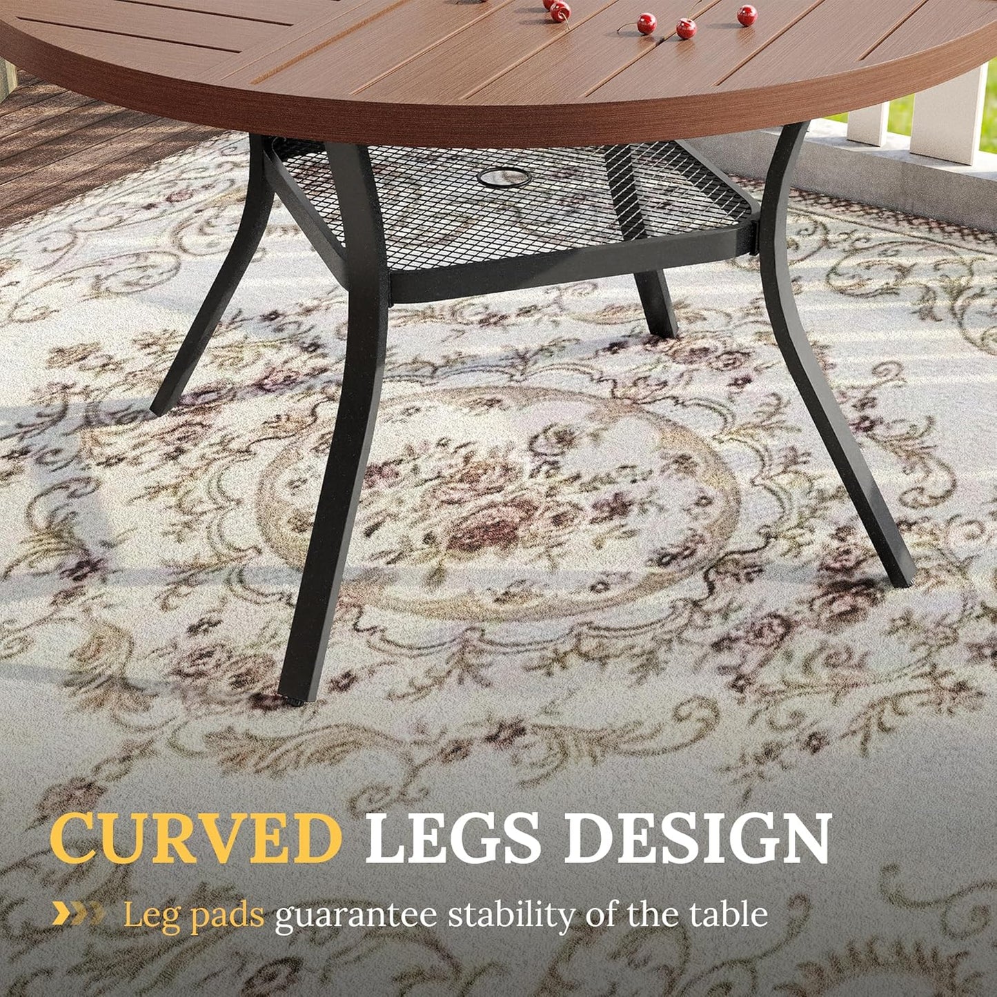 VICLLAX Round Patio Table with Adjustable Umbrella Hole for 6, All Weather Metal Outdoor Dining Table for Lawn Garden, 47.2" Outdoor Coffee Table, Walnut Wood-Like Tabletop