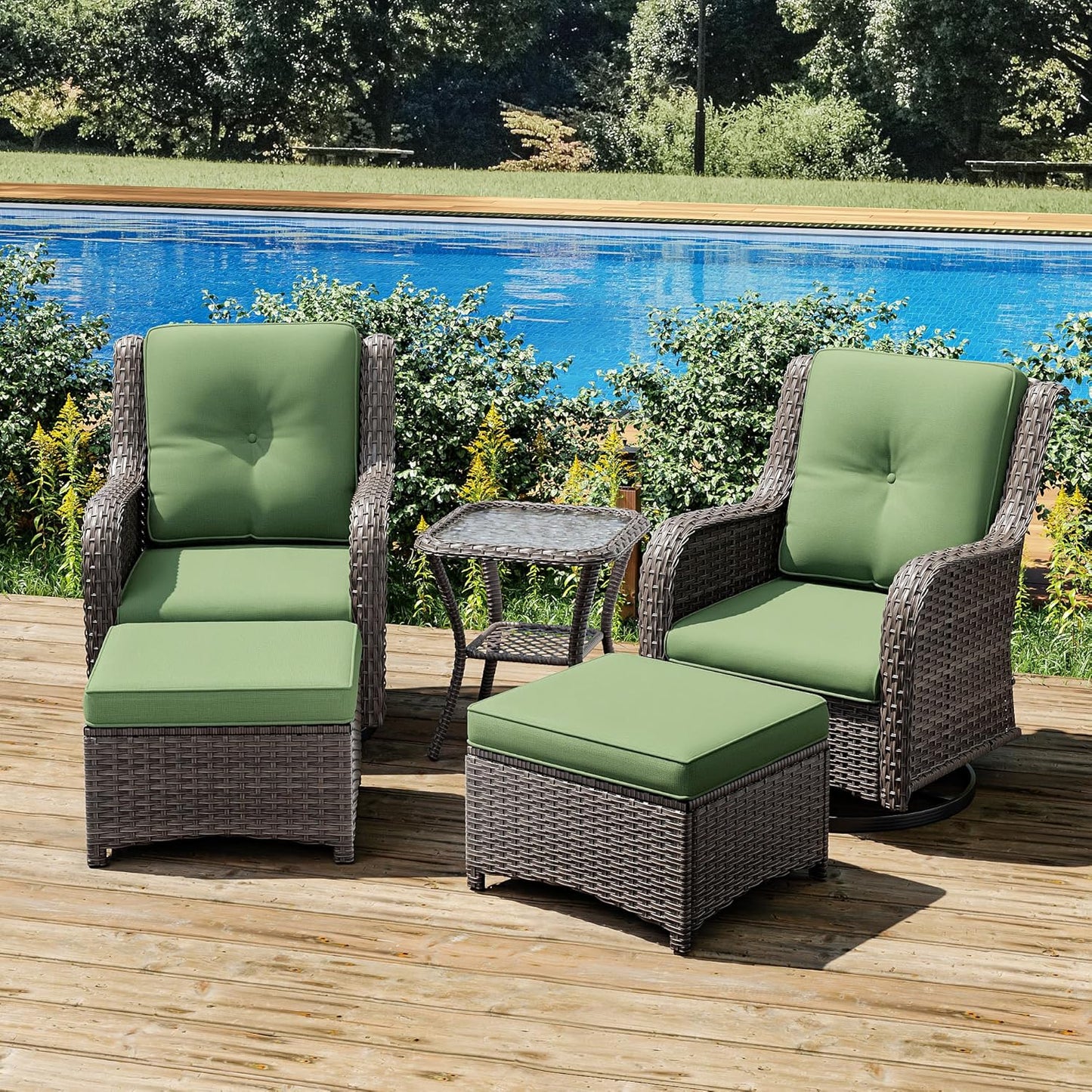 Joyside 5 Piece Outdoor Patio Furniture Set Wicker Conversation Bistro Set Swivel Rocking Chairs with Side Table and Ottomans for Backyard, Porch, Deck(Mixed Grey/Green)
