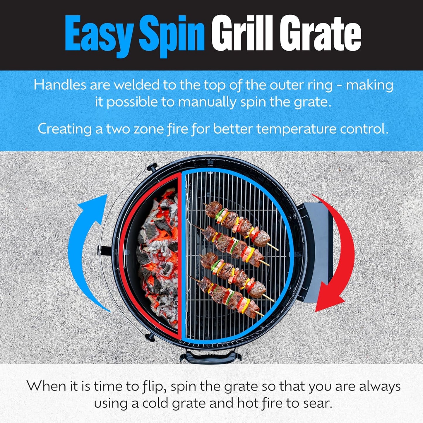 SnS Grills Slow ‘N Sear EasySpin Charcoal Grill Cooking Grate - Compatible with Weber and Other Grills, 2-Zone Stainless Steel Hinged Replacement - Tailgating & Backyard Cooking - 24” Inches