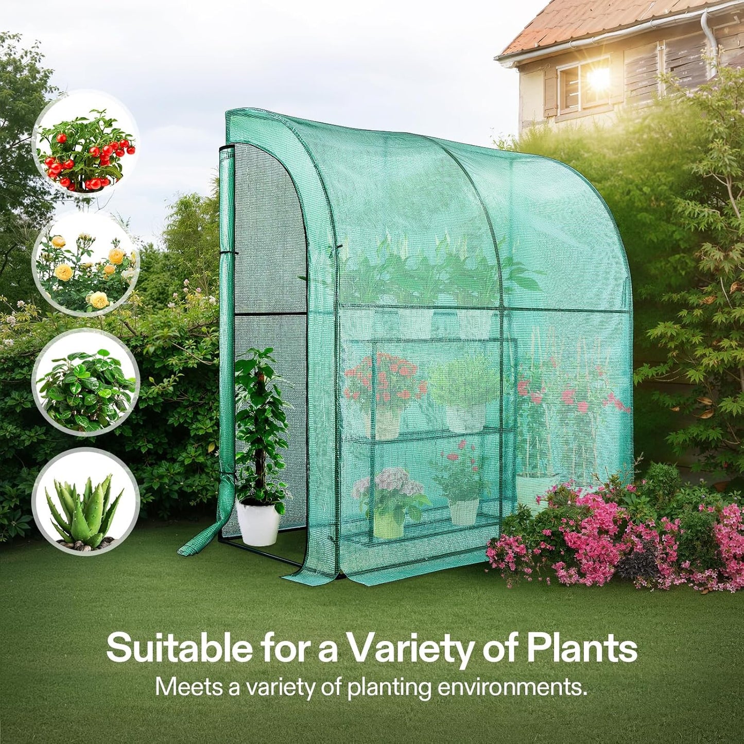 VIVOSUN Lean-to Greenhouse, 6.6’ x 3.3’ x 6.9’ Portable Wall House with Green PE Cover and Shelf for Compact Garden 79x39x83-Inch