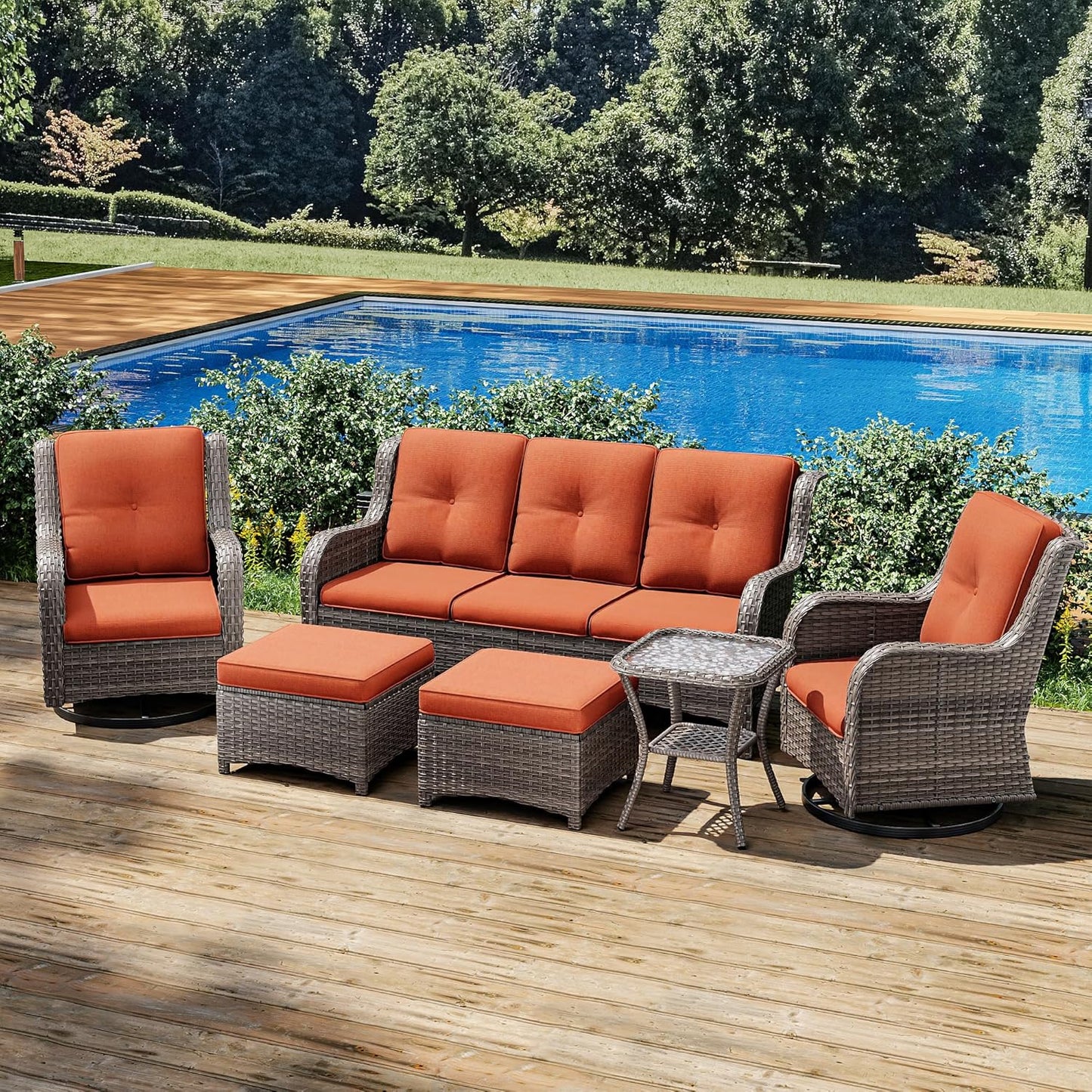 Joyside Wicker Patio Furniture Set 6 Piece Set with 1 Three-Seat Sofa, 2 Swivel Rocker Chairs, 2 Ottomans and 1 Side Table, Outdoor Furniture Patio Conversation Sets(Mixed Grey/Orange)