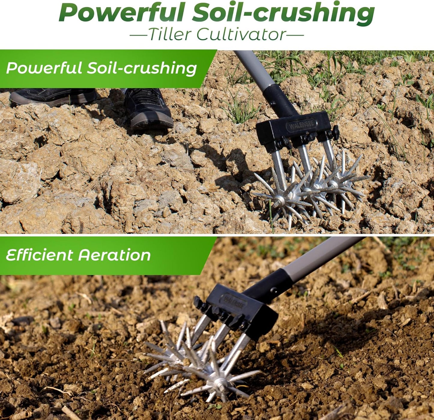 Walensee Rotary Cultivator Garden Tool – Adjustable Hand Tiller for Gardening & Lawn Care with Rustproof Aluminum Blades, Telescopic Handle, Lightweight Nylon Base – Soil Aerator & Grass Reseeder