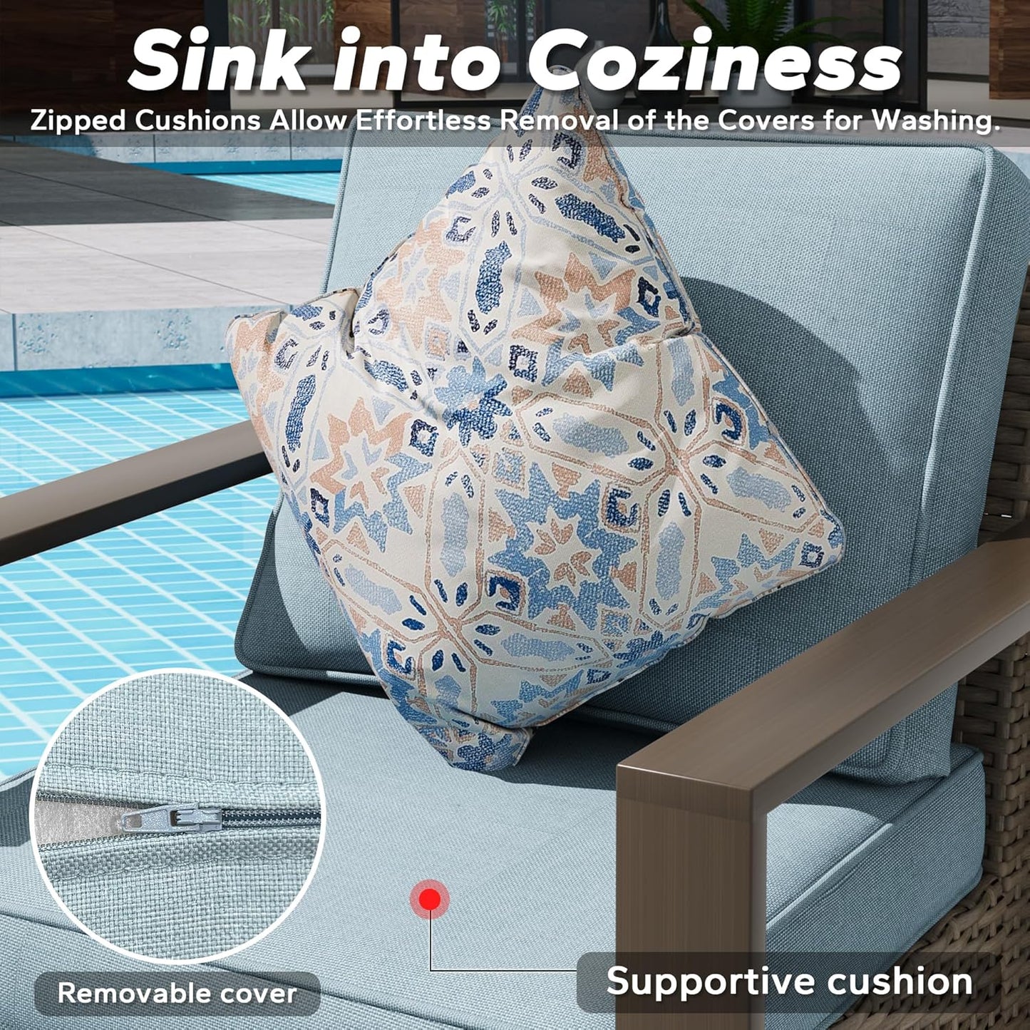 Outdoor Swivel Patio Metal Chairs Set of 2 - Porch Furniture 2 Pieces 360 Degree Glider Rockers Rattan Chairs with Washable Cushion & Metal Steel Rectangular Framed Armrest, Baby Blue