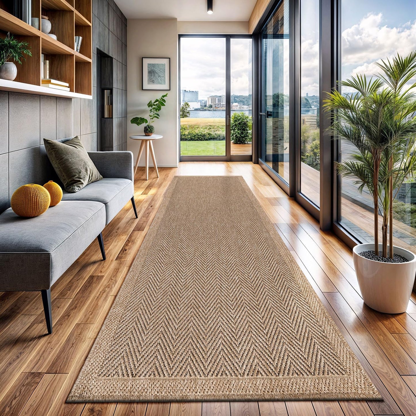 CAMILSON Indoor and Outdoor Runner Rug Natural Herringbone Seagrass Boho Design Easy-Cleaning Non Shedding Fiber Living Room Bedroom Garden Patio and Kitchen Washable Outside Carpet Alfombras (2x7)