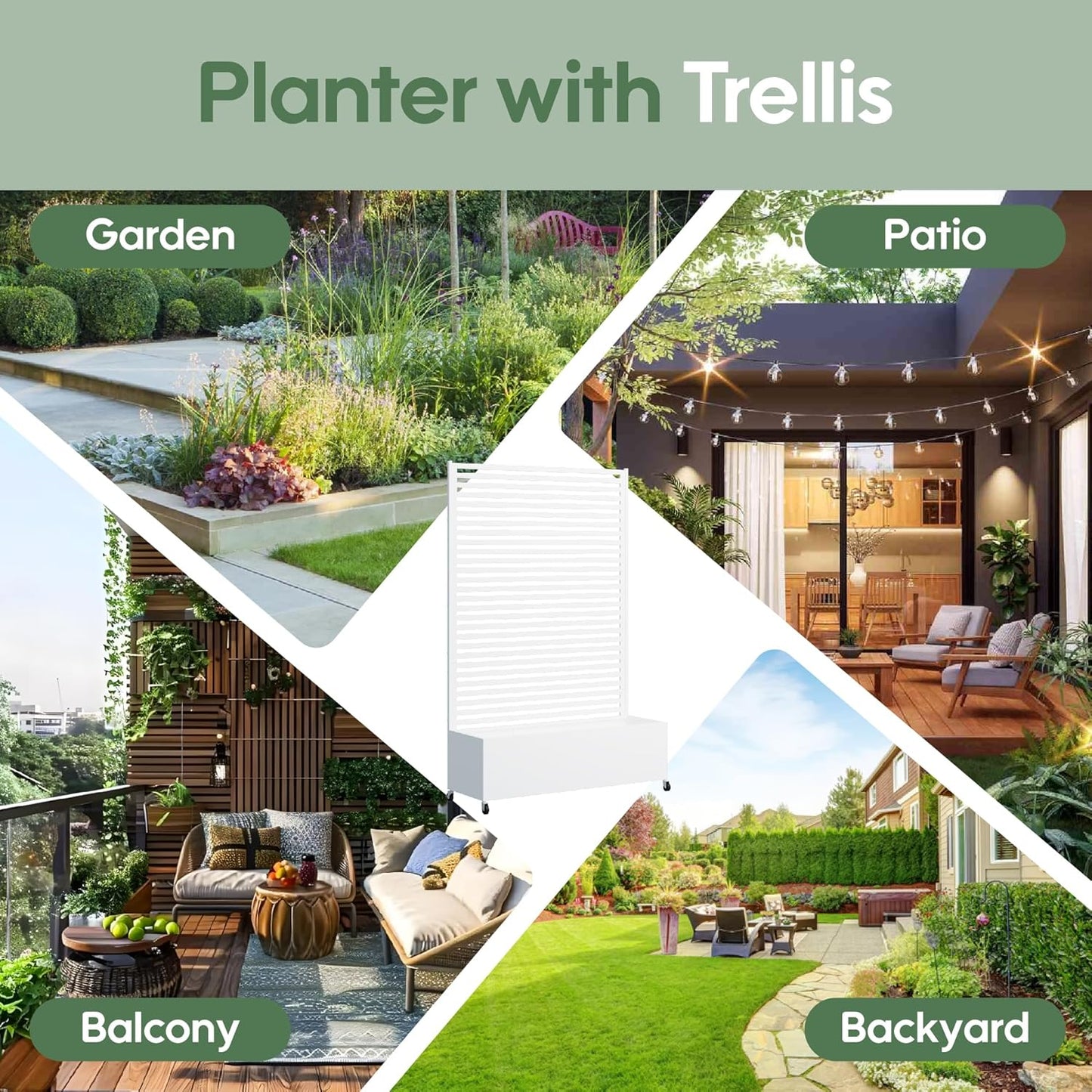 Metal Planter Box with Trellis Privacy Screen, Raised Garden Bed with Trellis & Wheels, Privacy Planters for Patio, Planter Box with Drainage Holes for Climbing Plants, Flower, 73"x 47"x 16", White