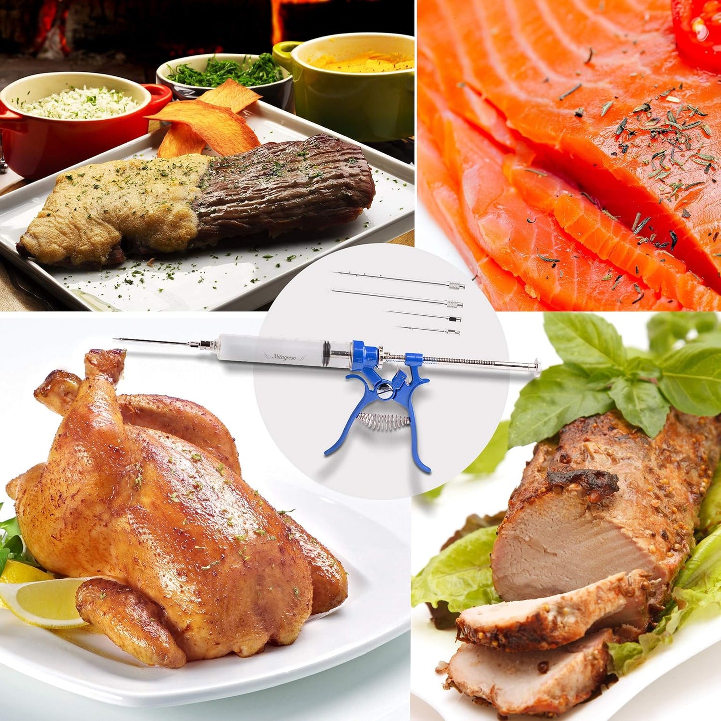 Meat Injector Marinade Gun Stainless Steel Outdoor Kit Flavor Food Syringes & 4 Marinades Needles for BBQ Grill Smoker Injectors Professional Syringe Held Culinary Barbecue Tool (Blue)