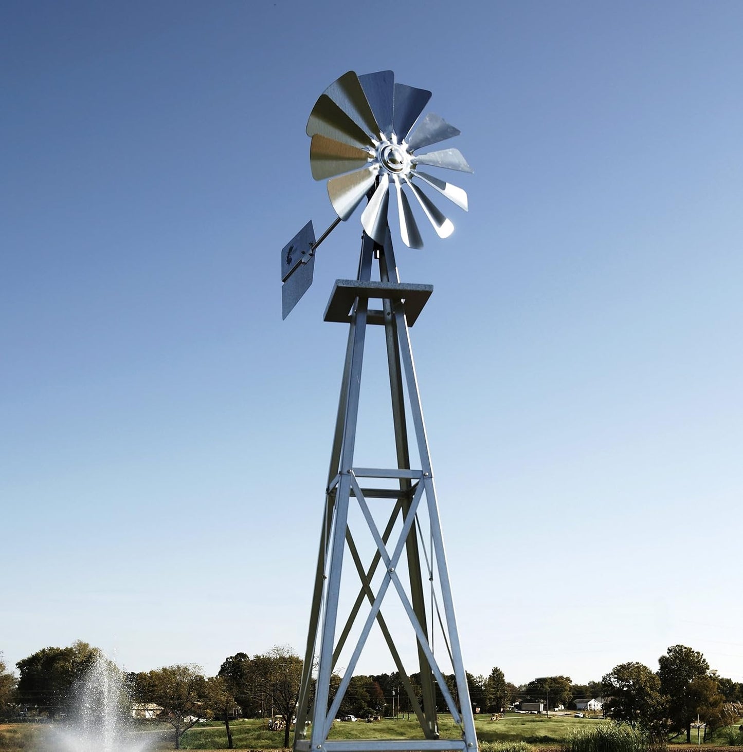 Decorative Backyard Windmill – Galvanized Finish – Durable Weather-Resistant 4-Leg Tower with Anchoring Stakes – Lawn & Garden Yard Décor – 8ft 3in Outdoor Windmill