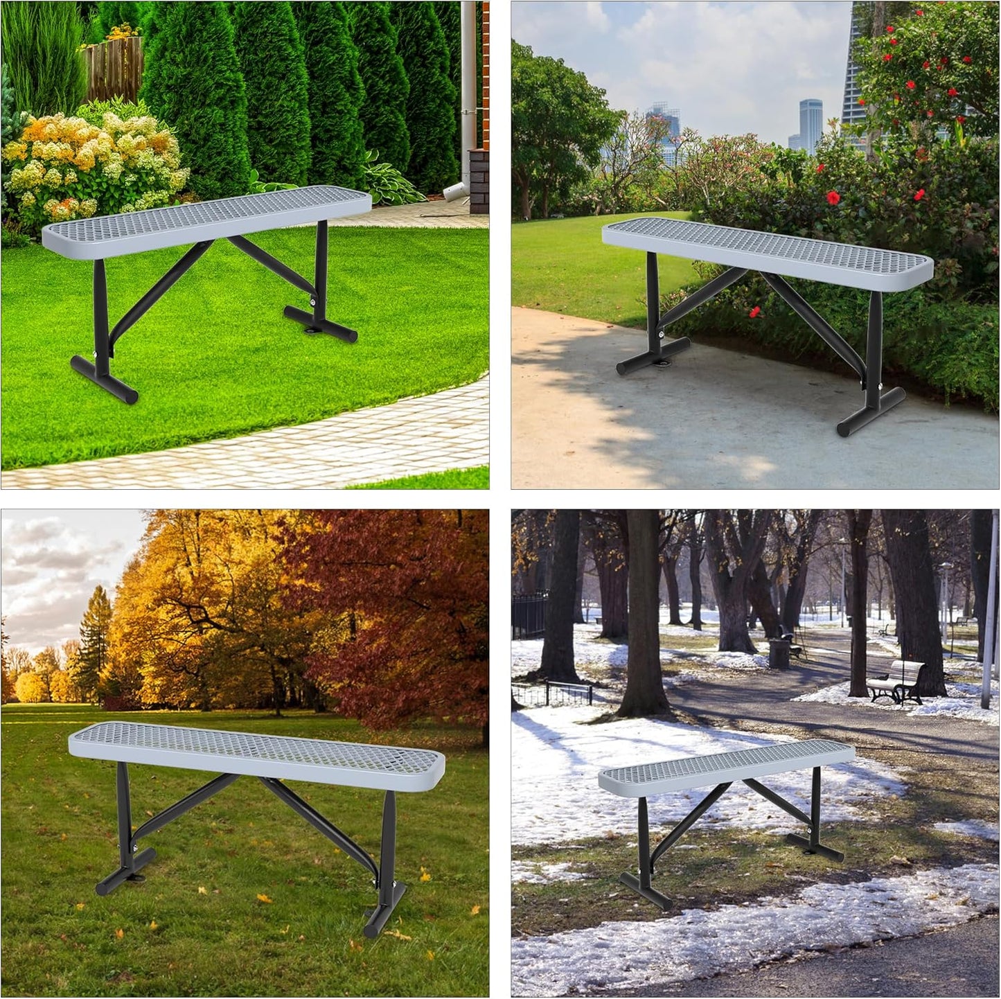 48" L Outdoor Steel Flat Bench, Heavy Duty Metal Park Bench for Outside, Expanded Metal, Commercial Benches Mesh Bench for Shopping Mall, Store, Lawn, Park, Patio, Deck, Garden (Grey, 4FT)