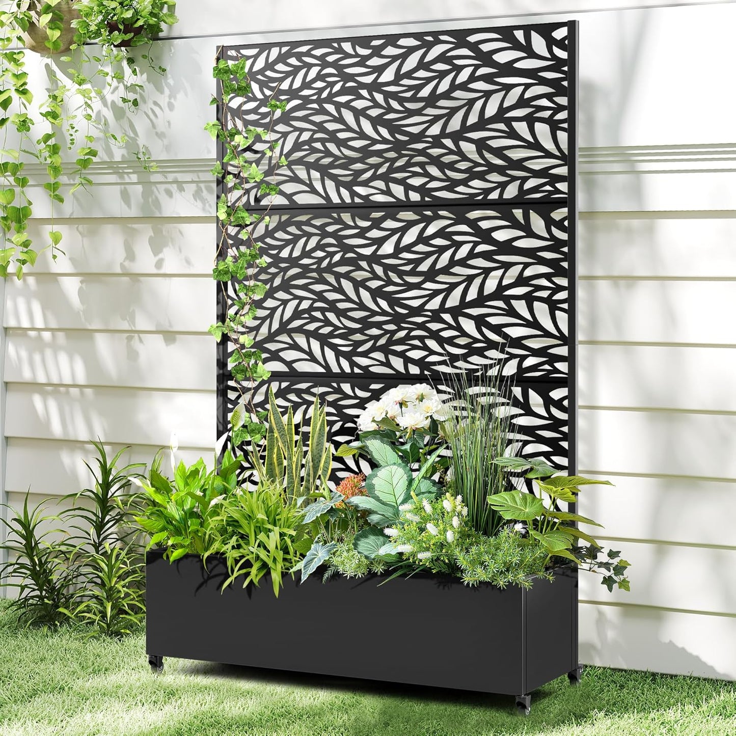 Raised Garden Bed with Trellis and Wheels,73"x47"x16" Metal Raised Garden Bed,Black Flowing Leaf Metal Planter with Climbing Trellis for Vines & Vegetables