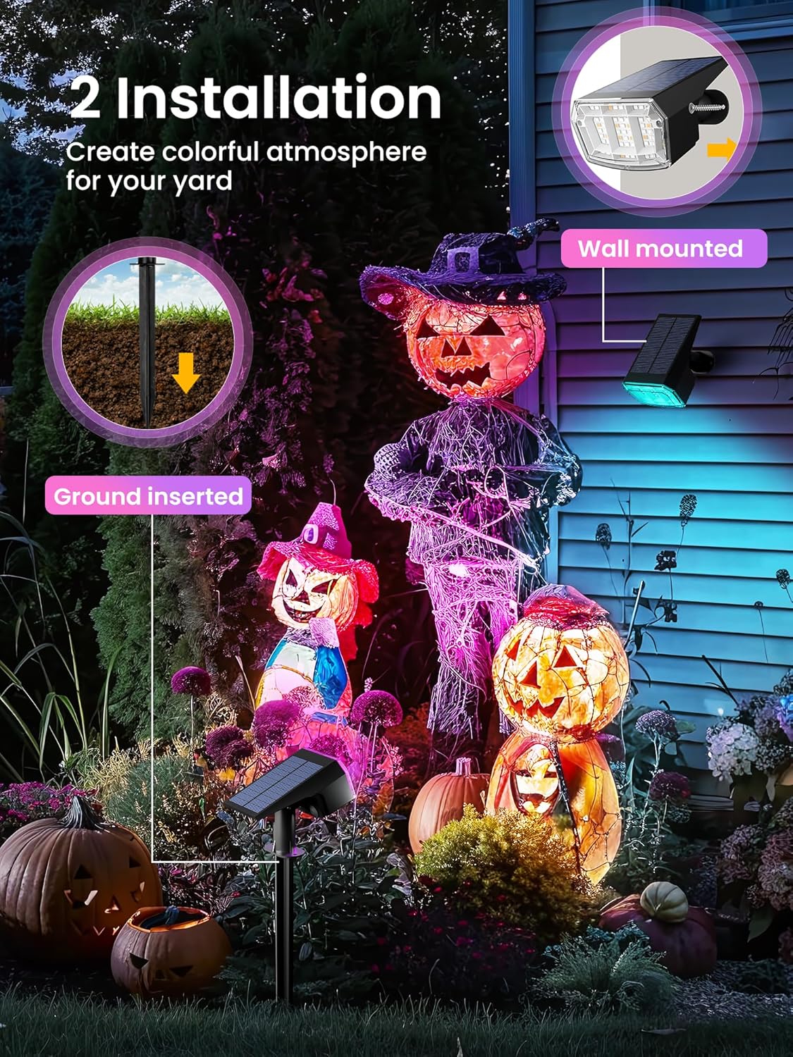 Solar Spot Lights Outdoor, 9 Lighting Modes RGB, Solar Lights Outdoor Waterproof IP65, 63 LED Landscape Spotlights for Holiday Decorations