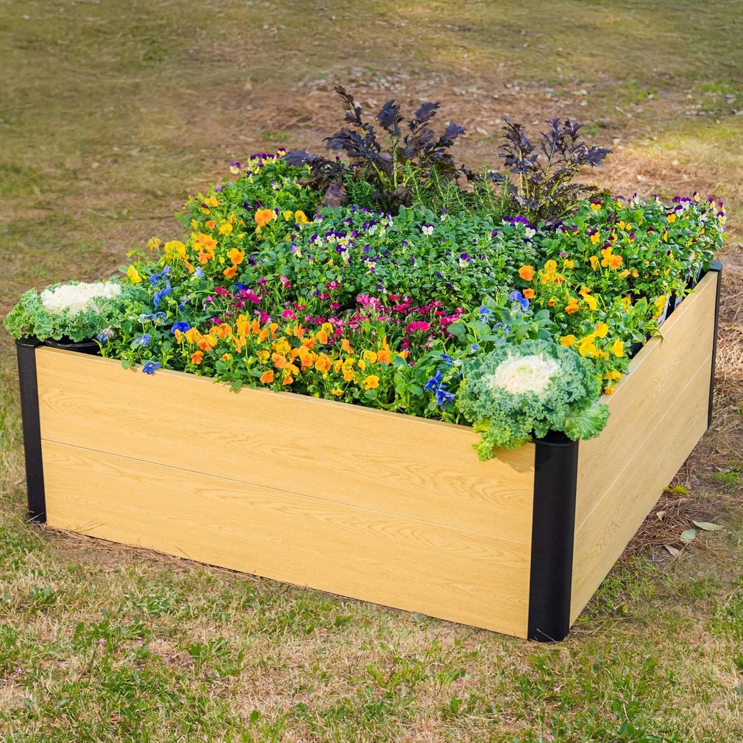 Woodgrain Series Raised Garden Bed, 4' x 4' Outdoor Wooden-Look Metal Planter Box for Gardening Vegetables Flowers Herbs