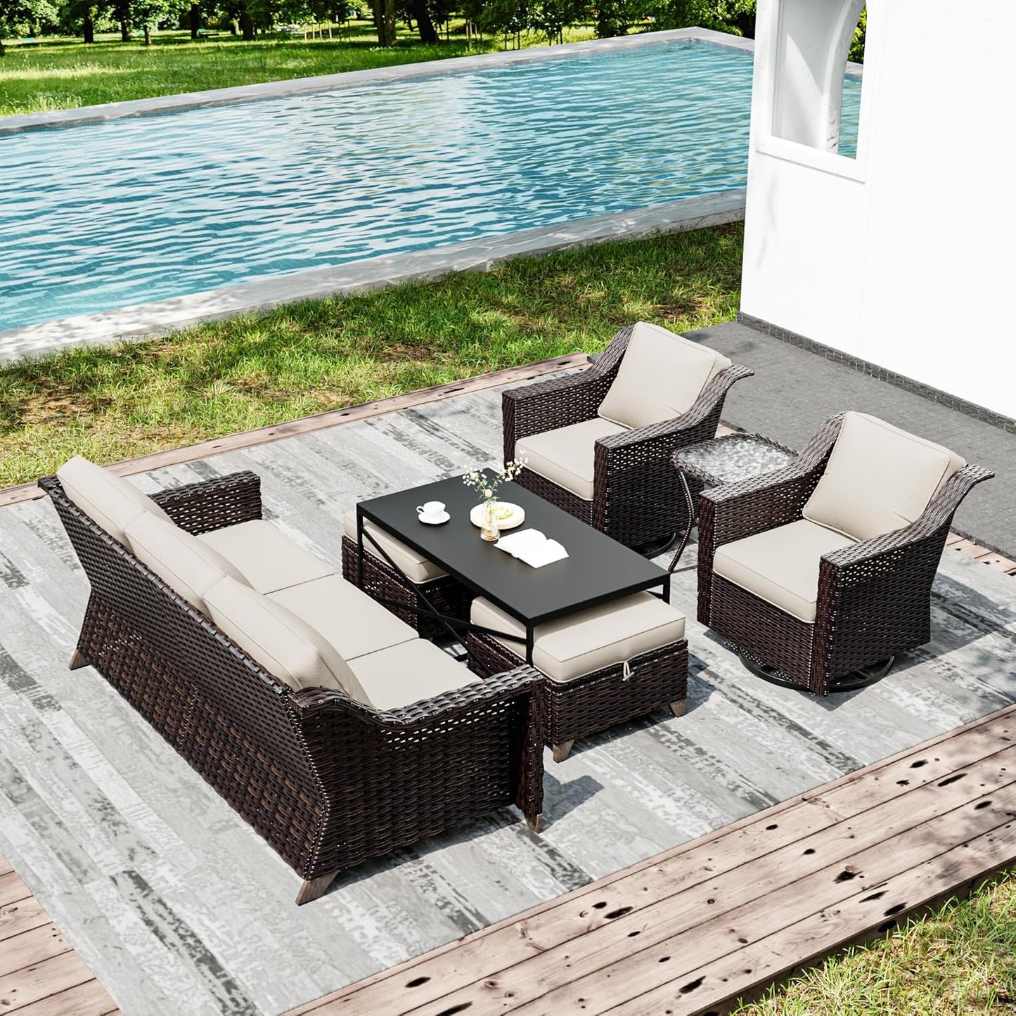 Joyside Wicker Patio Furniture Sets, 7 Pieces Upgraded Large Size Outdoor Furniture with Swivel Rocking Patio Chairs, 3-Seat Sofa, Outdoor Ottoman and Coffee Table, Thick Cushions, Wide Armrest