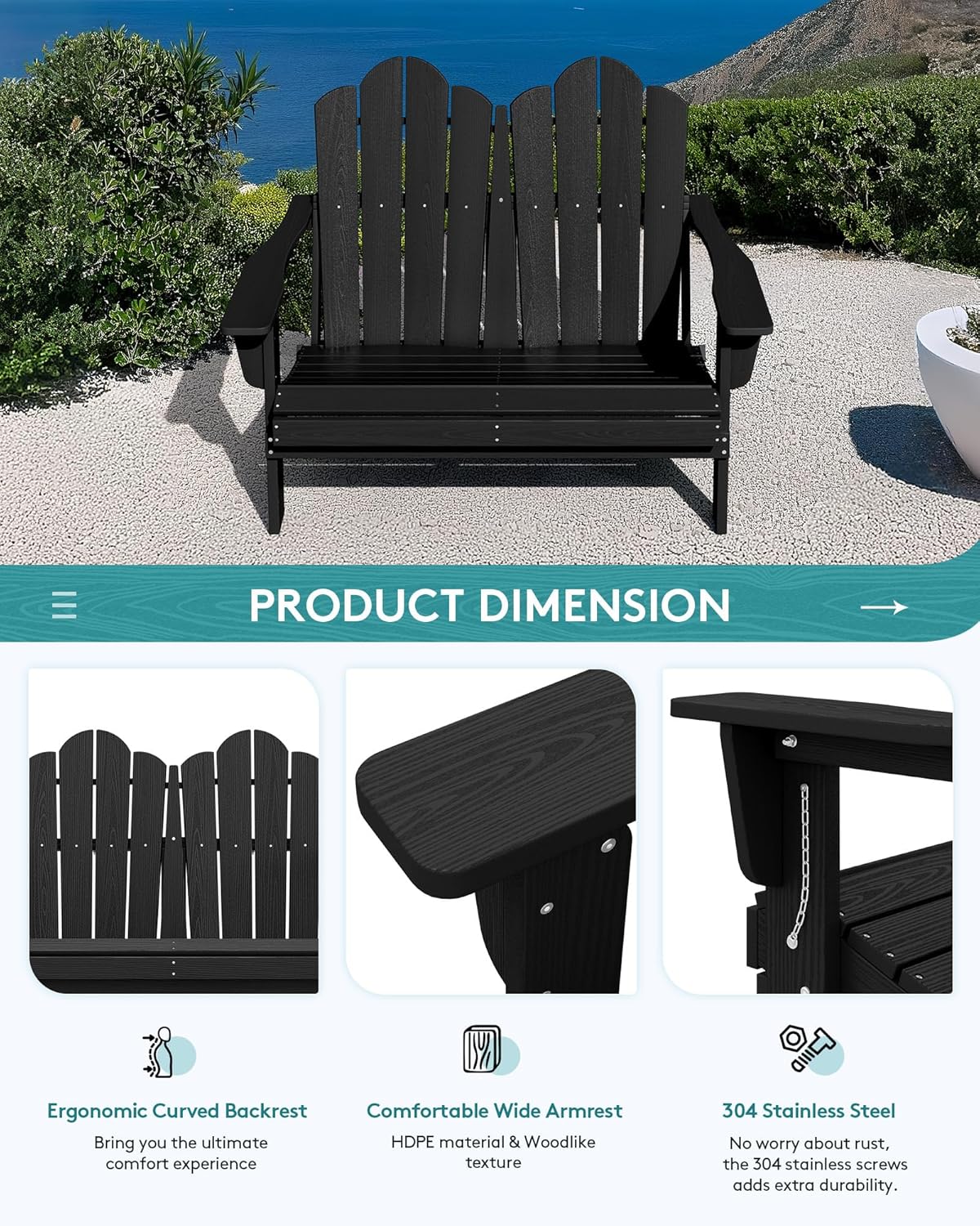 SERWALL Folding Adirondack Bench, HDPE All-Weather Adirondack Loveseat, 660 lbs Capacity, Foldable Outdoor Patio Bench for Deck, Lawn, Garden, Black
