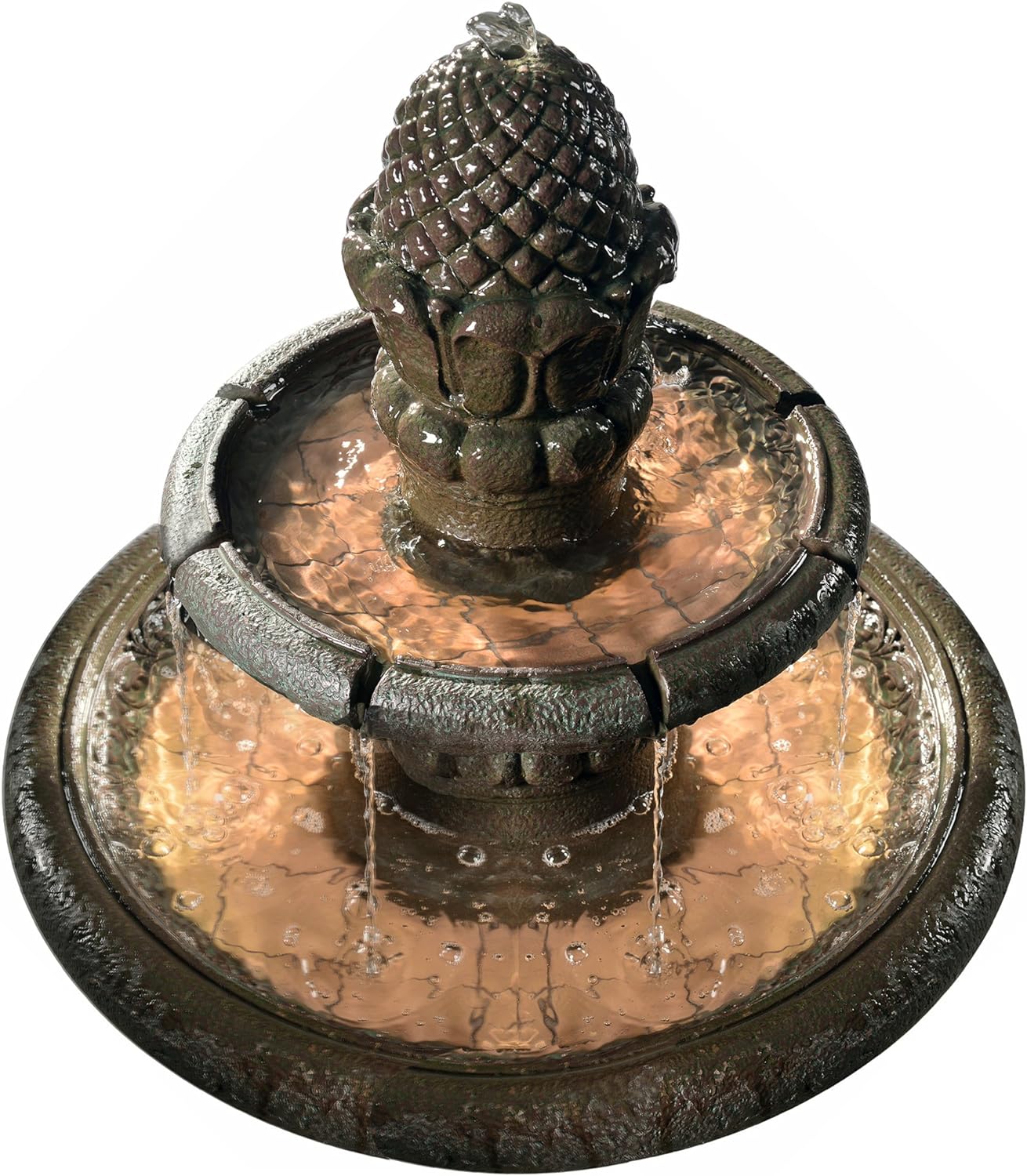 Teamson Home Deluxe Pineapple Pedestal 2 Tiered Floor Waterfall Fountain with Pump for Outdoor Patio Garden Backyard Decking, 39 Inch Height, Iron Gray