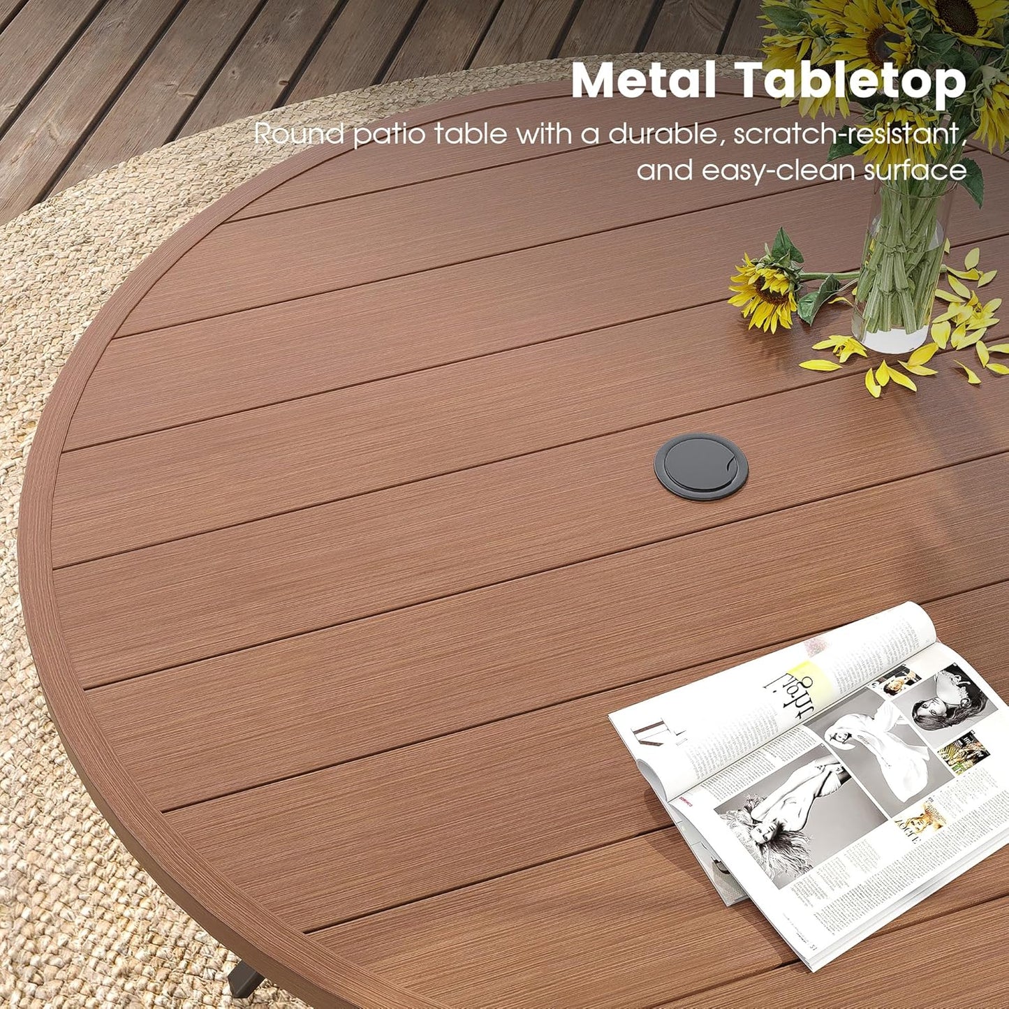 DIFY 50" Round Outdoor Patio Dining Table for 6, Metal Patio Table with 1.57" Adjustable Umbrella Hole, All-Weather Dining Furniture Table for Backyard Lawn Garden, Walnut