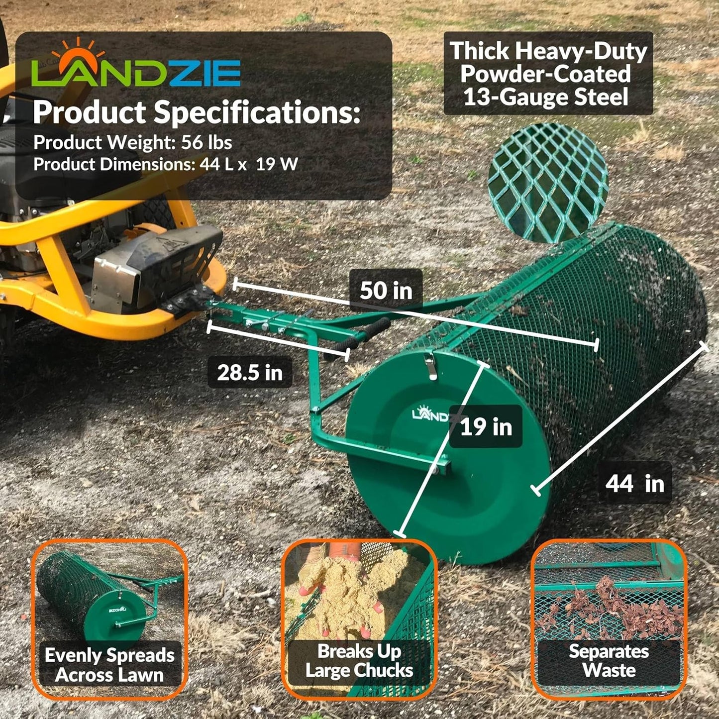 LANDZIE Lawn & Garden Spreaders - 44 Inch Heavy Duty Metal Mesh Basket Push/Tow Spreader - Compost, Peat Moss, Top Soil, Mulch - Durable Lightweight Multi-Purpose Yard Care Equipment - Manure Spreader