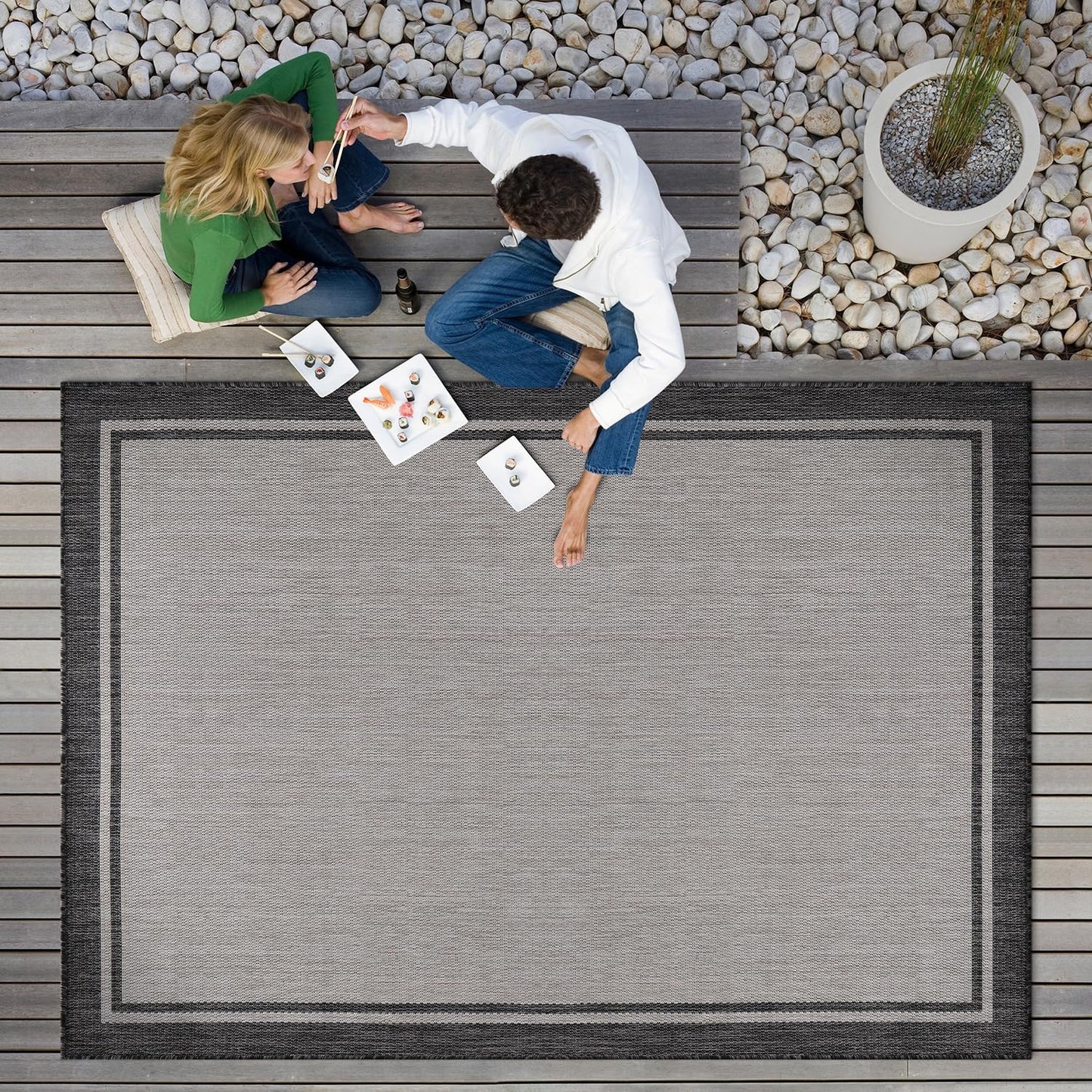 CAMILSON Indoor Outdoor Rug, 8x10 Bordered Gray Modern Area Rugs for Indoor and Outdoor Patios, Kitchen and Hallway Mats, Washable Porch Deck Outside Carpet (Bordered Grey, 8 x 10)