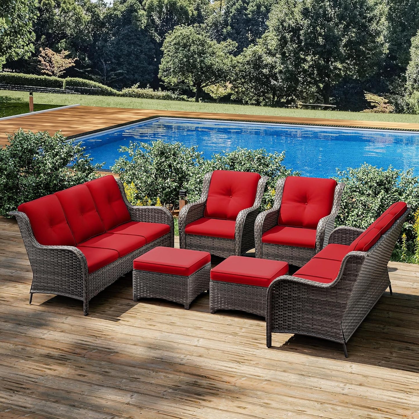 Joyside Patio Furniture Set 6 Pieces - Outdoor Rattan Furniture Set with 2 Armchairs, 2 Couch and 2 Ottomans, Olefin Cushions Included(Mixed Grey/Red)
