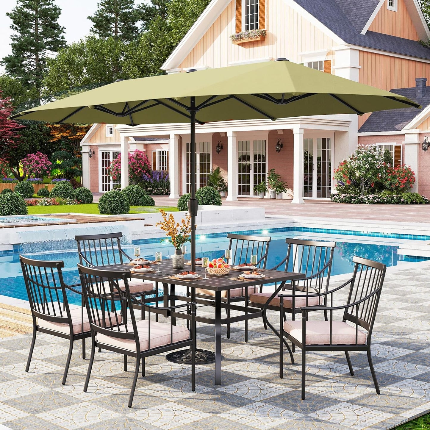 PHI VILLA Outdoor Dining Table for 6, 60" Long Rectangular Metal Wrought Iron Table with Umbrella Hole, All-Weather Large Furniture for Patio, Backyard, Porch